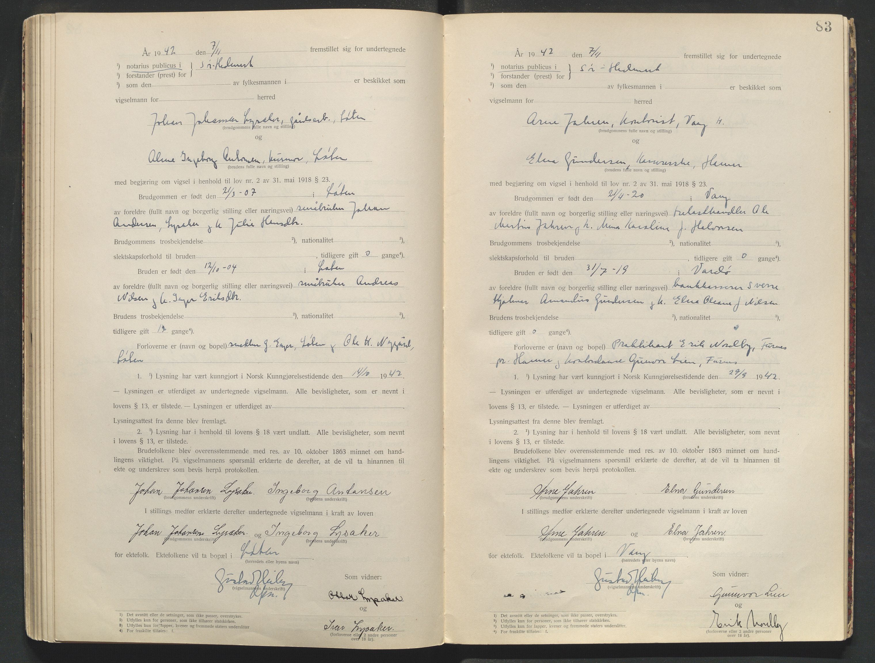 Sør-Hedmark sorenskriveri, AV/SAH-TING-014/L/Le/L0001/0002: Vigselbøker / Vigselbok, 1938-1942, s. 83