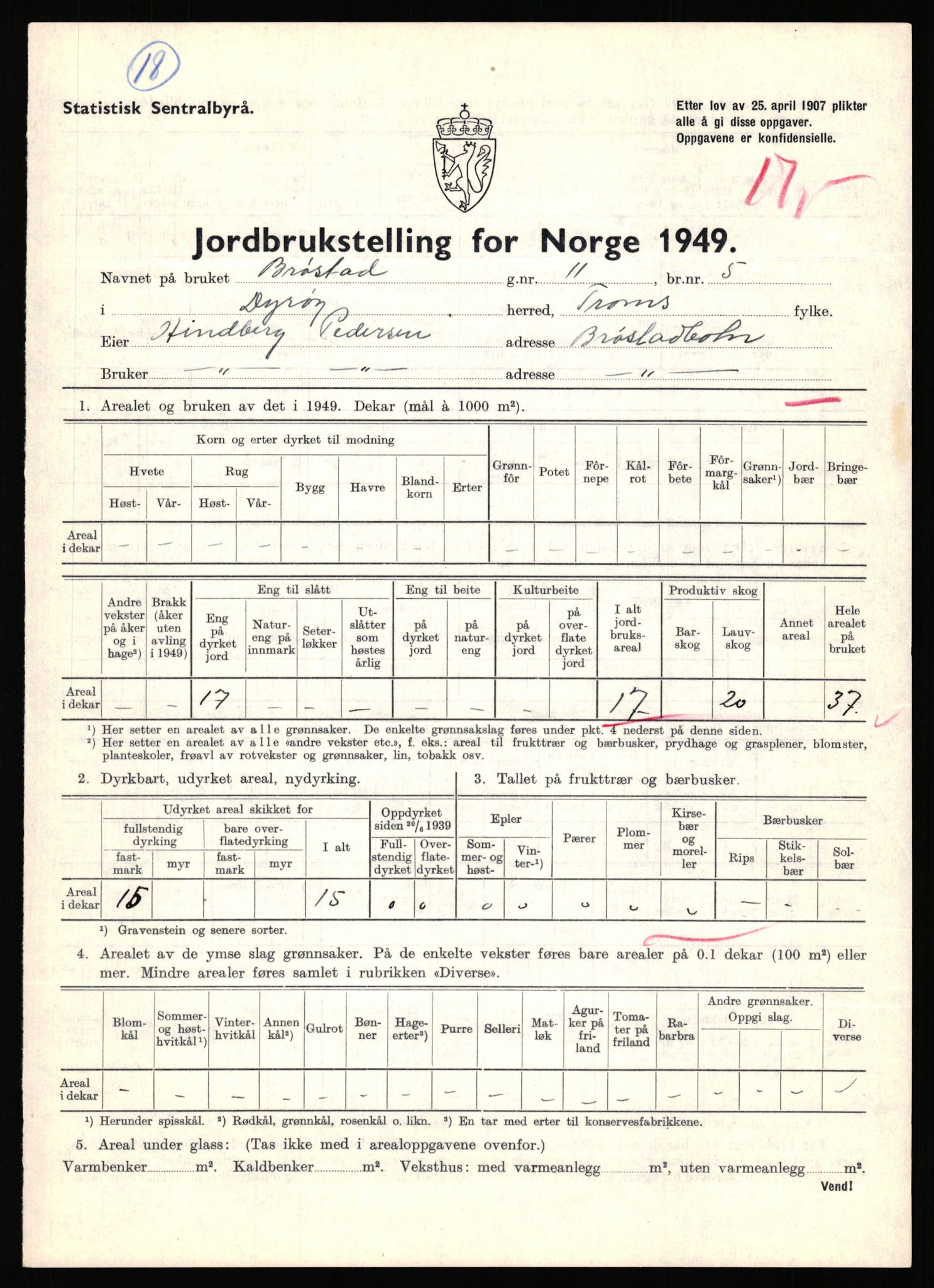 Statistisk sentralbyrå, Næringsøkonomiske emner, Jordbruk, skogbruk, jakt, fiske og fangst, AV/RA-S-2234/G/Gc/L0440: Troms: Sørreisa og Dyrøy, 1949, s. 1243