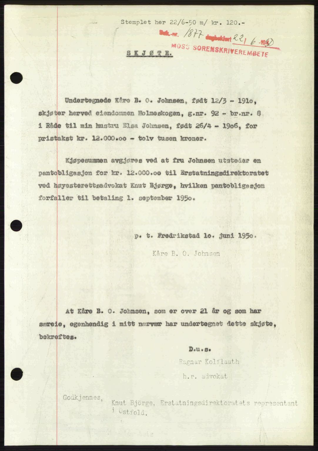 Moss sorenskriveri, SAO/A-10168: Pantebok nr. A26, 1950-1950, Dagboknr: 1877/1950