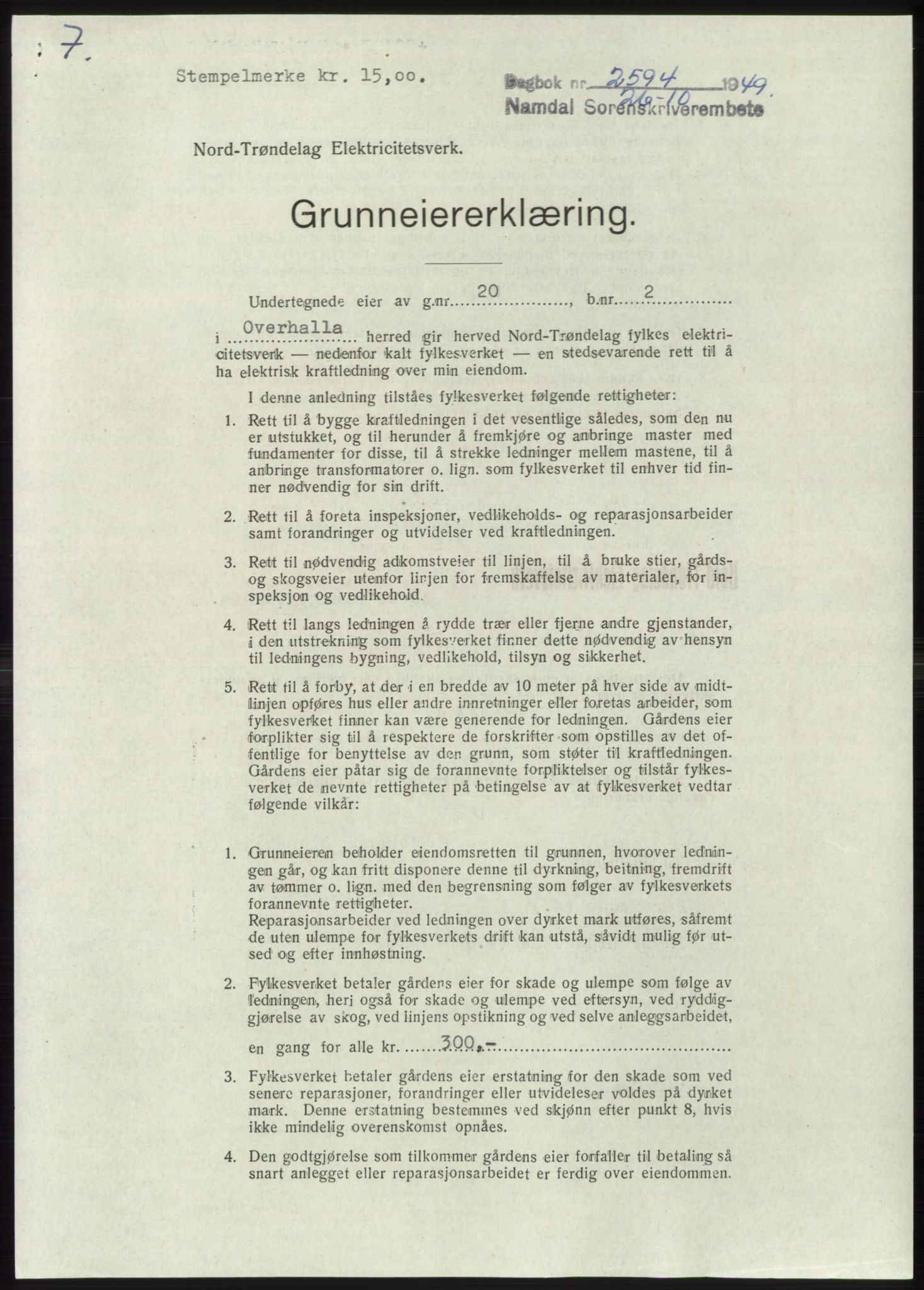 Namdal sorenskriveri, SAT/A-4133/1/2/2C: Pantebok nr. -, 1949-1949, Dagboknr: 2594/1949