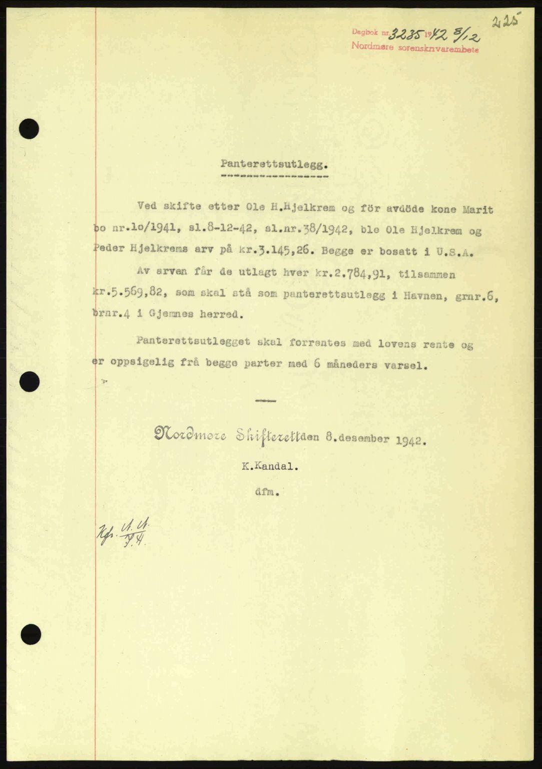 Nordmøre sorenskriveri, SAT/A-4132/1/2/2Ca: Pantebok nr. B90, 1942-1943, Dagboknr: 3235/1942
