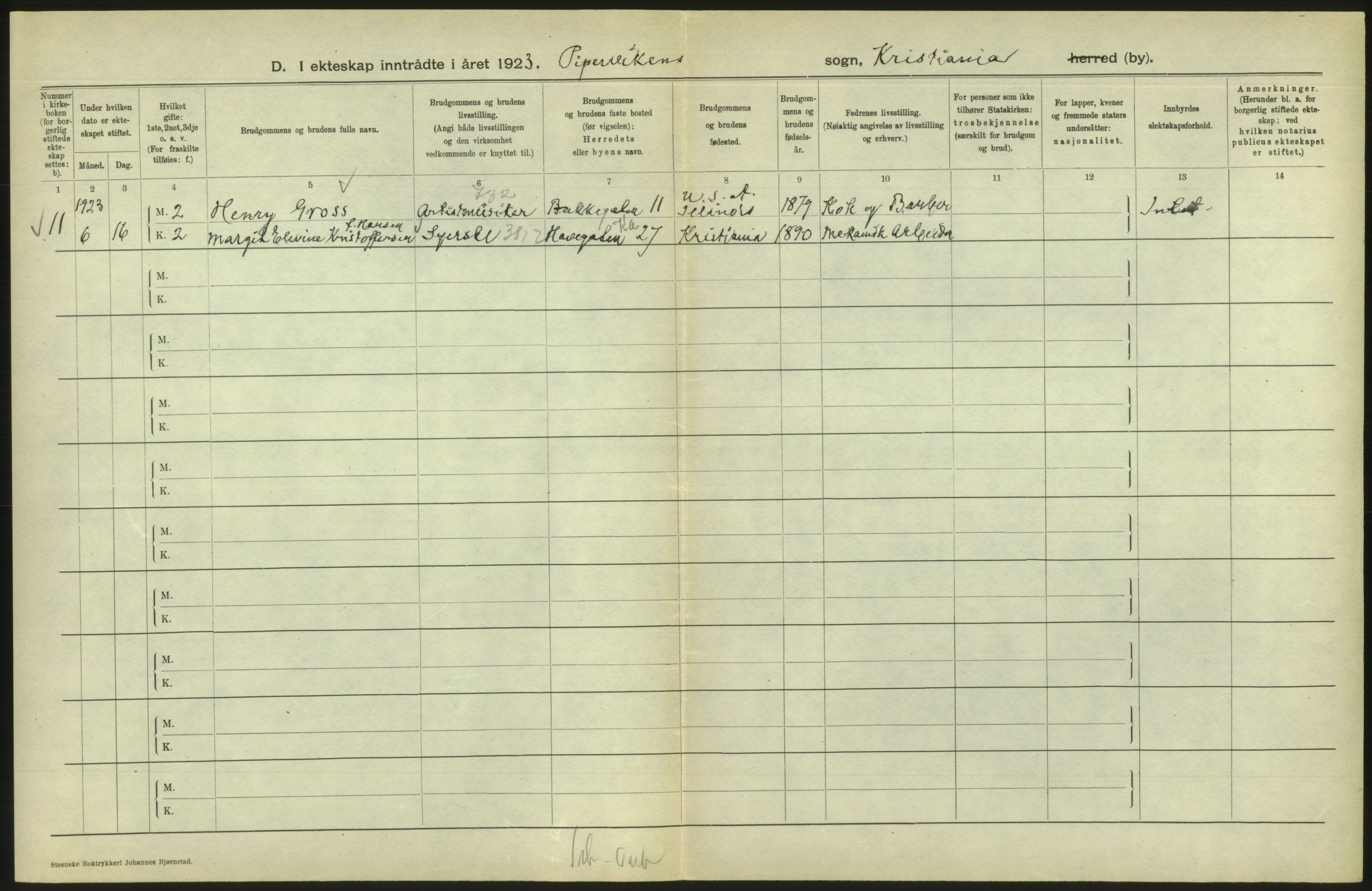 Statistisk sentralbyrå, Sosiodemografiske emner, Befolkning, AV/RA-S-2228/D/Df/Dfc/Dfcc/L0008: Kristiania: Gifte, 1923, s. 478