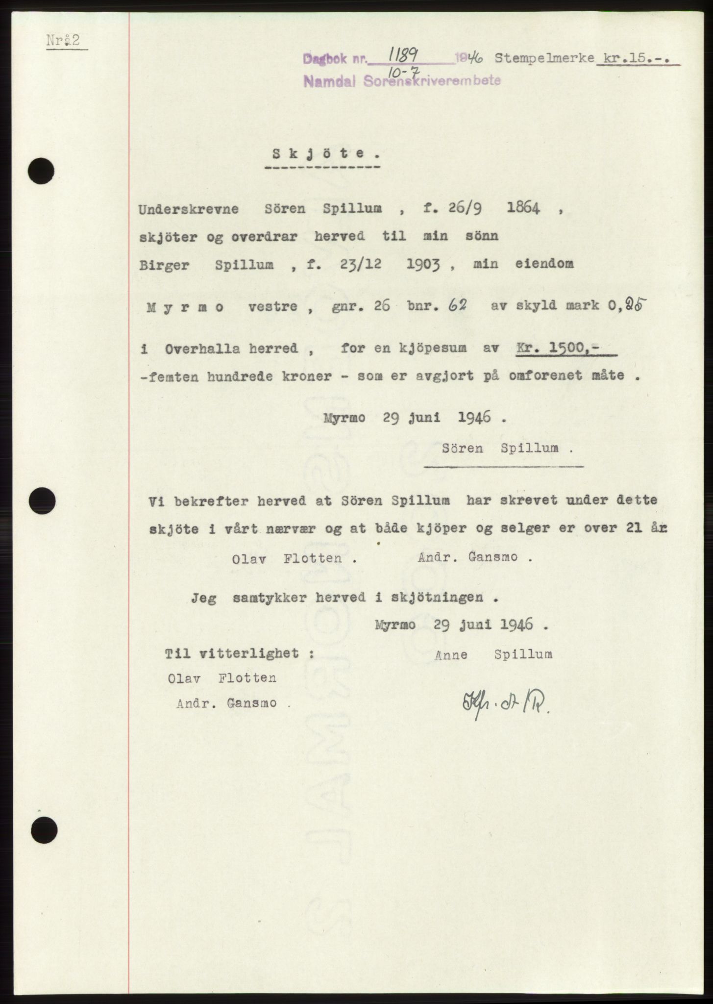 Namdal sorenskriveri, SAT/A-4133/1/2/2C: Pantebok nr. -, 1946-1946, Dagboknr: 1189/1946