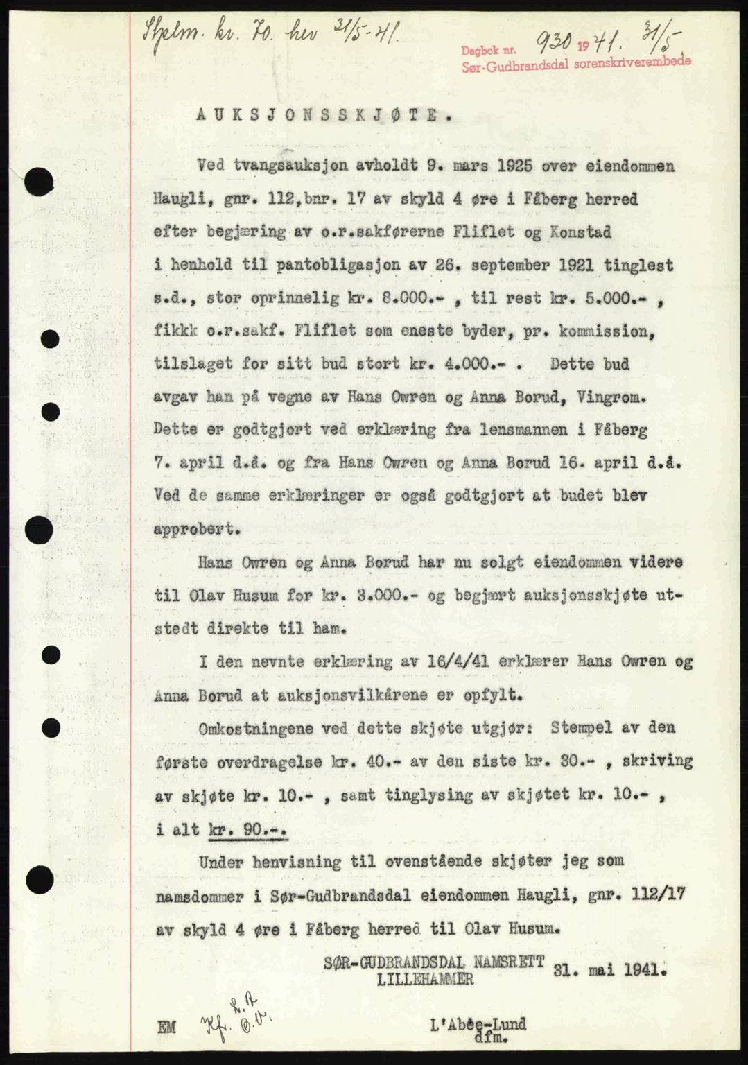 Sør-Gudbrandsdal tingrett, SAH/TING-004/H/Hb/Hbd/L0009: Pantebok nr. A9, 1941-1941, Dagboknr: 930/1941