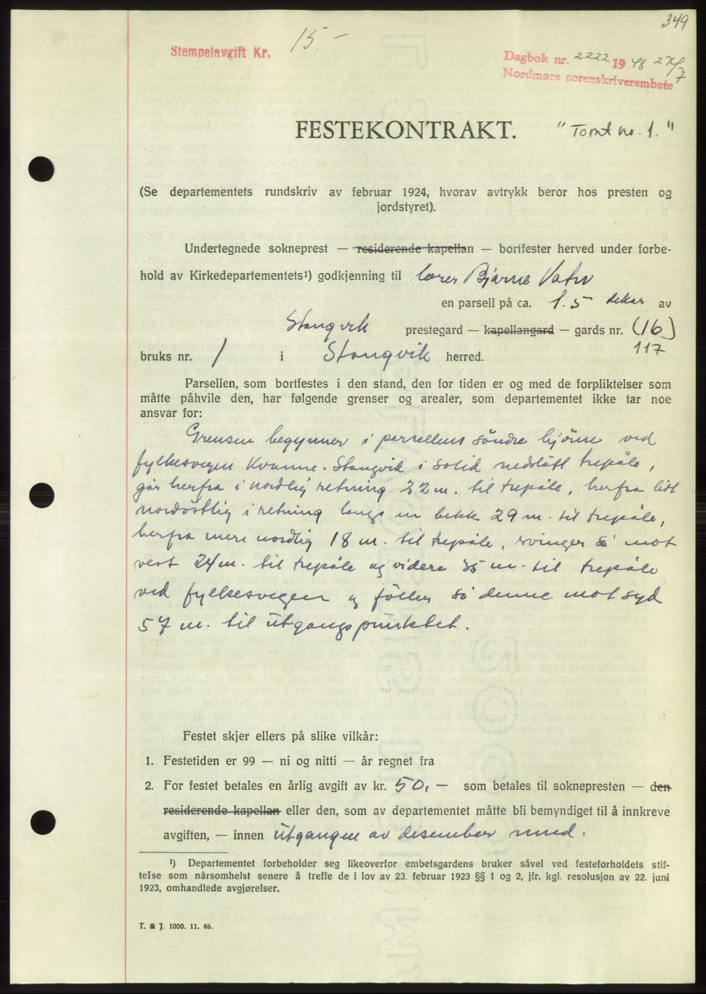 Nordmøre sorenskriveri, SAT/A-4132/1/2/2Ca: Pantebok nr. B99, 1948-1948, Dagboknr: 2222/1948