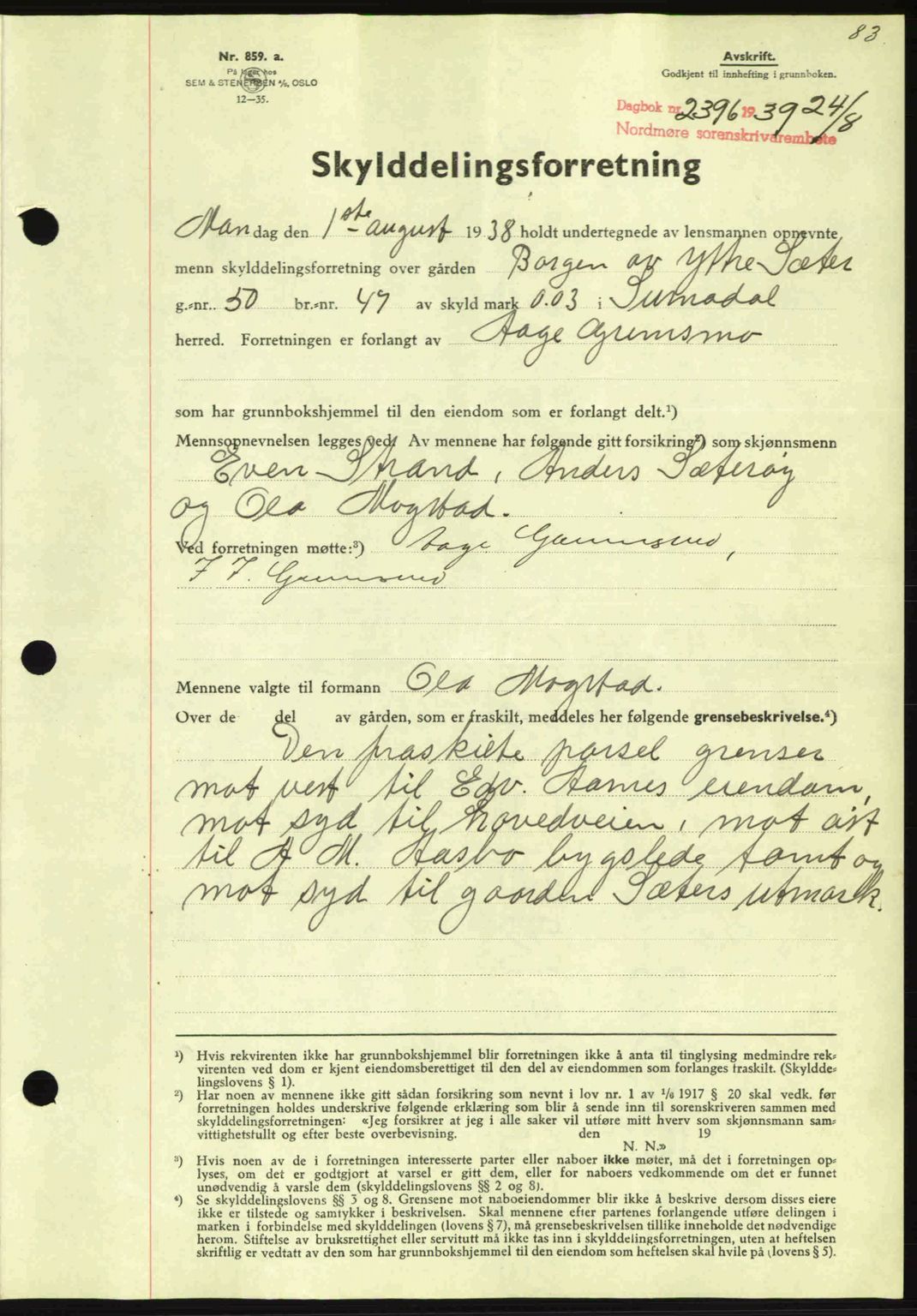 Nordmøre sorenskriveri, SAT/A-4132/1/2/2Ca: Pantebok nr. A87, 1939-1940, Dagboknr: 2396/1939