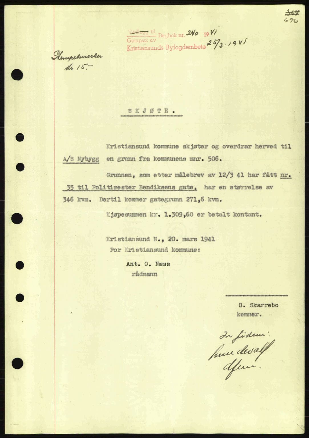 Kristiansund byfogd, AV/SAT-A-4587/A/27: Pantebok nr. 30, 1936-1941, Dagboknr: 240/1941