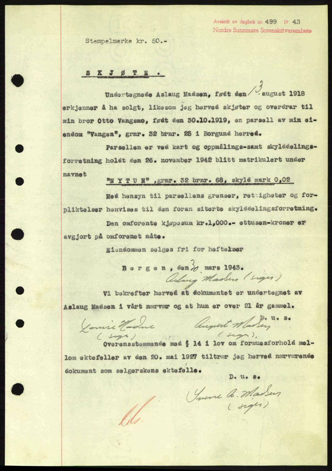 Nordre Sunnmøre sorenskriveri, AV/SAT-A-0006/1/2/2C/2Ca: Pantebok nr. A15, 1942-1943, Dagboknr: 499/1943