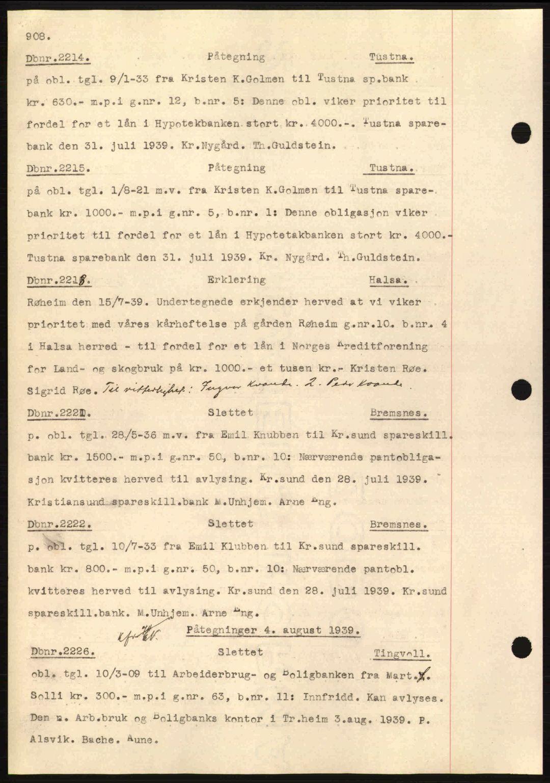 Nordmøre sorenskriveri, SAT/A-4132/1/2/2Ca: Pantebok nr. C80, 1936-1939, Dagboknr: 2214/1939