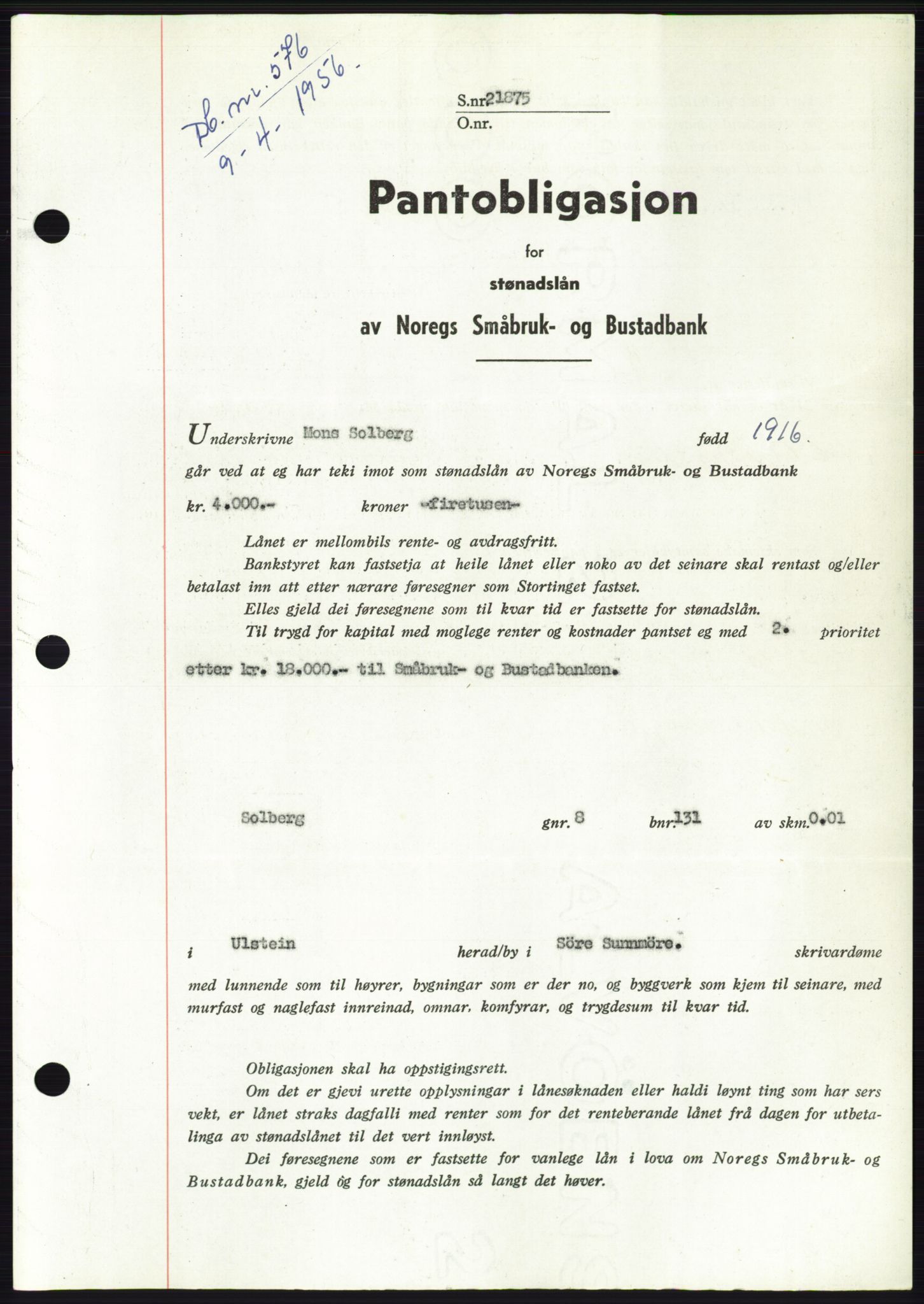Søre Sunnmøre sorenskriveri, SAT/A-4122/1/2/2C/L0128: Pantebok nr. 16B, 1956-1956, Dagboknr: 576/1956