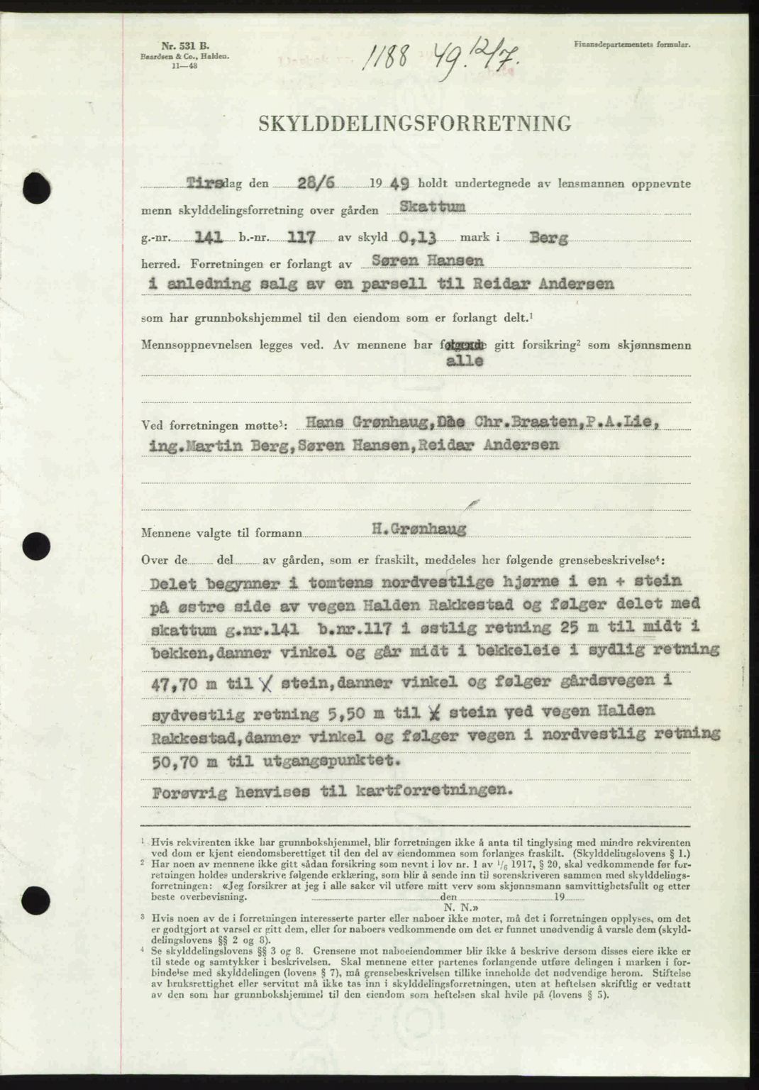 Idd og Marker sorenskriveri, SAO/A-10283/G/Gb/Gbb/L0012: Pantebok nr. A12, 1949-1949, Dagboknr: 1188/1949