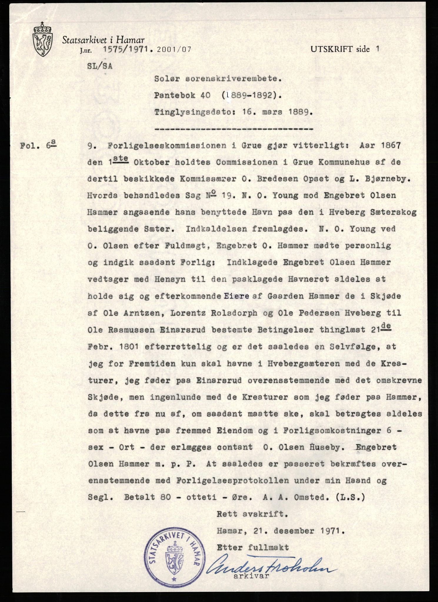 Avskriftssamlingen ved Statsarkivet i Hamar, SAH/AVSKRIFT-001/H/Ht/Hta/L0040: Pantebok for Solør, 1889-1892