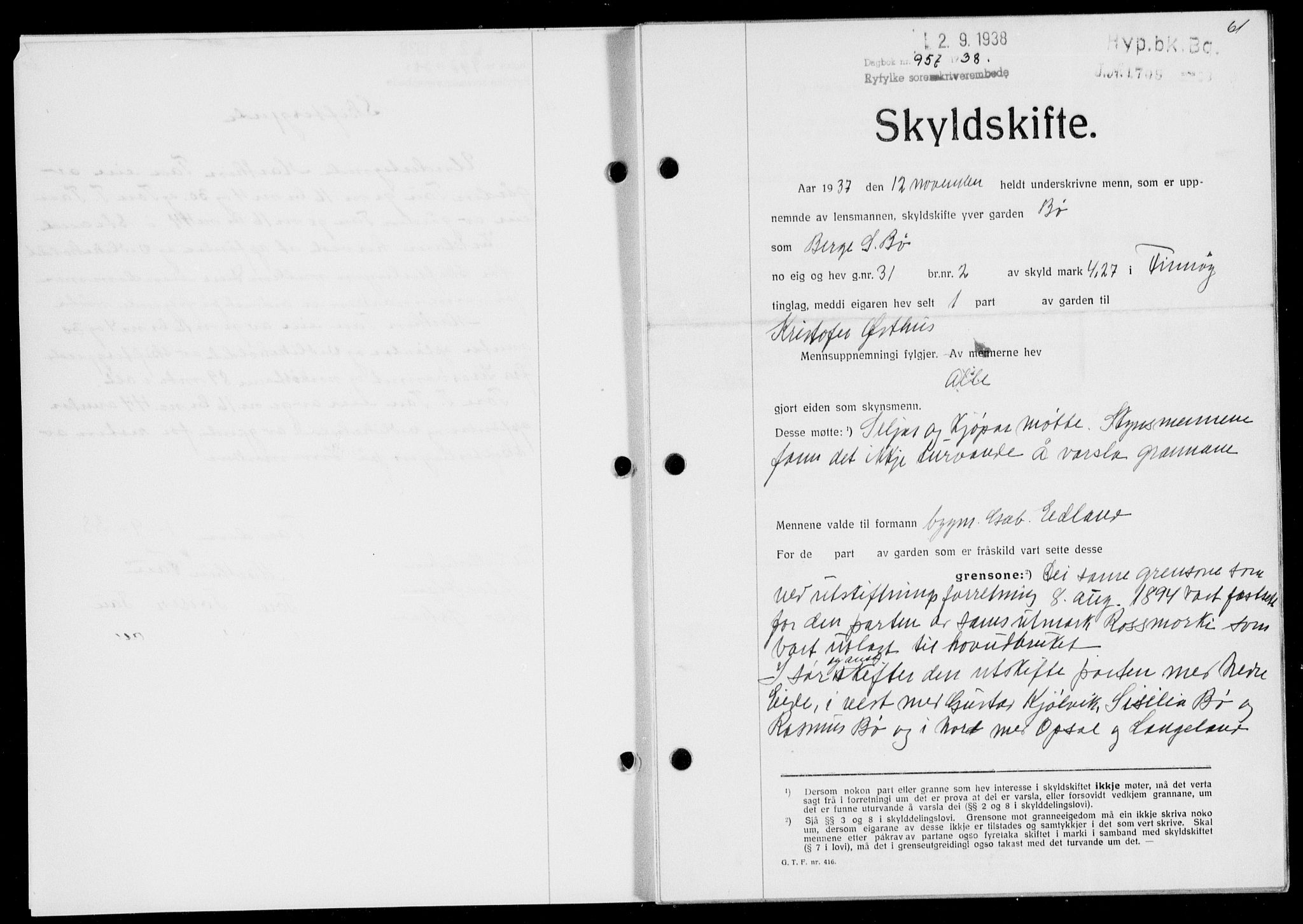 Ryfylke tingrett, SAST/A-100055/001/II/IIB/L0078: Pantebok nr. 57, 1938-1938, Dagboknr: 957/1938