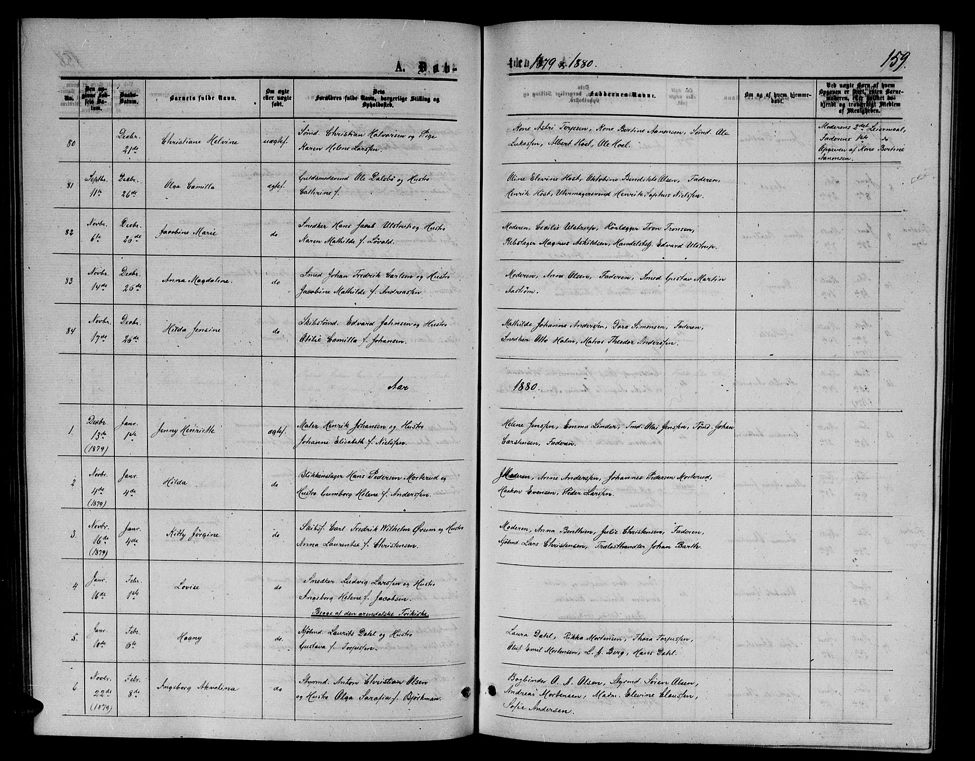 Arendal sokneprestkontor, Trefoldighet, SAK/1111-0040/F/Fb/L0005: Klokkerbok nr. B 5, 1874-1888, s. 159
