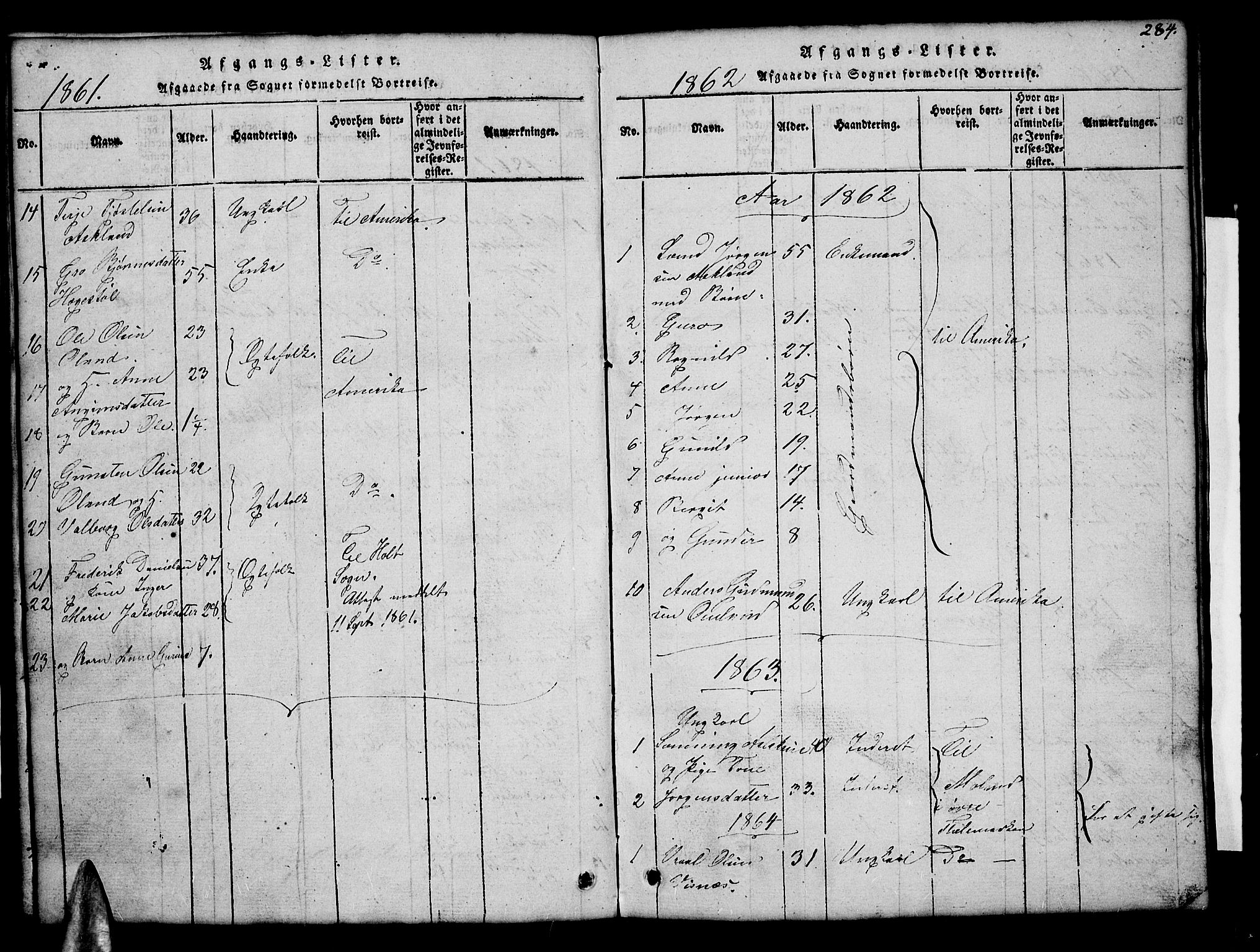 Åmli sokneprestkontor, SAK/1111-0050/F/Fb/Fba/L0001: Klokkerbok nr. B 1, 1816-1890, s. 284