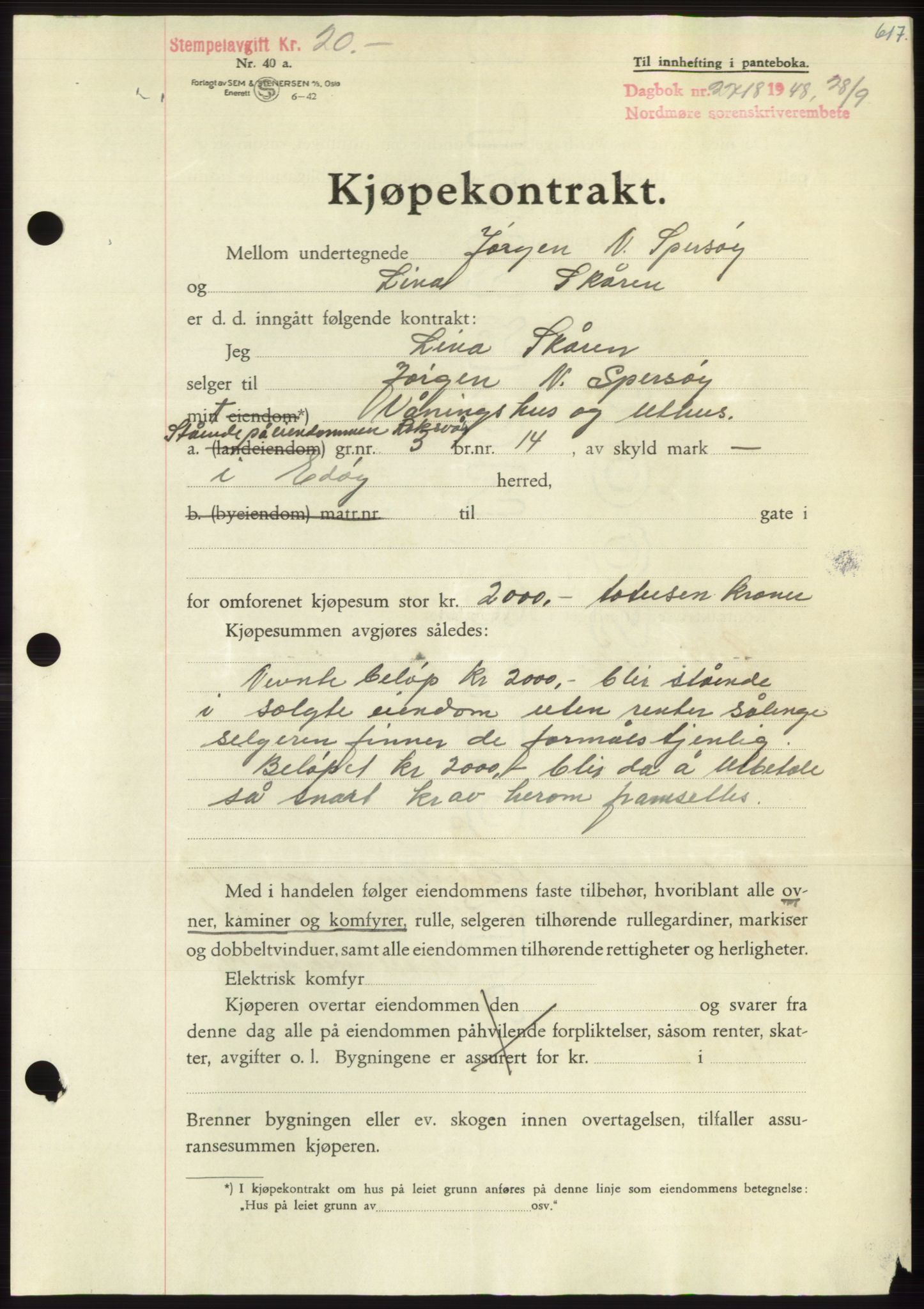 Nordmøre sorenskriveri, SAT/A-4132/1/2/2Ca: Pantebok nr. B99, 1948-1948, Dagboknr: 2718/1948
