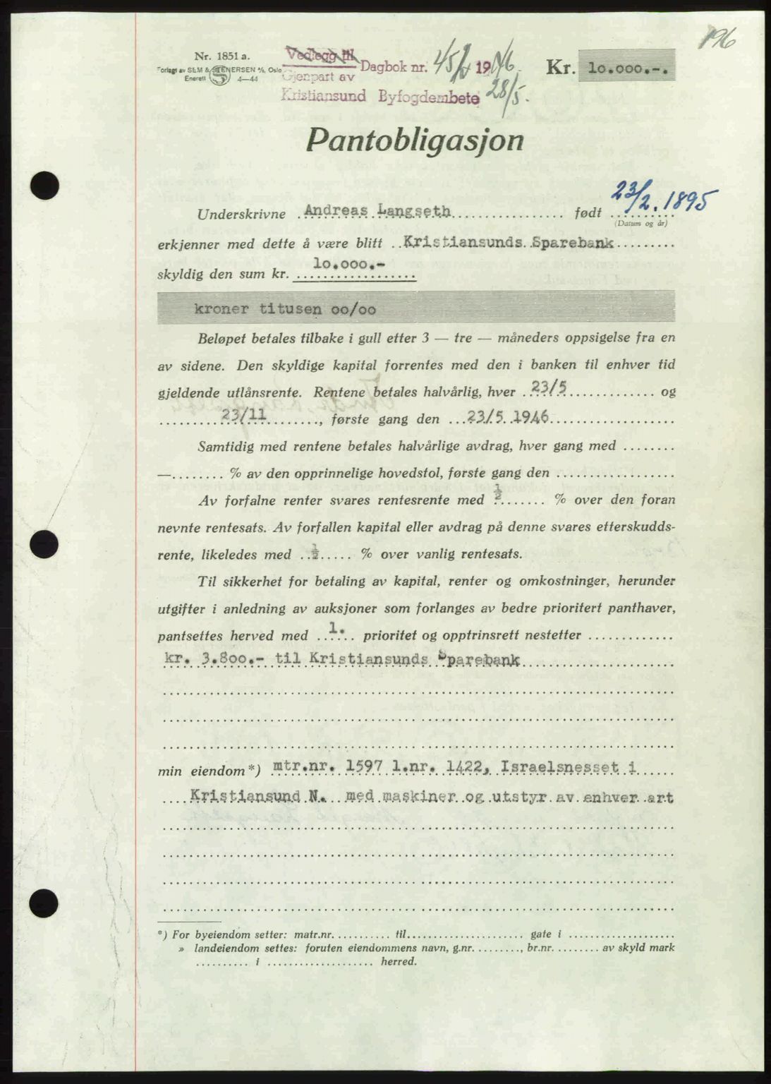 Kristiansund byfogd, AV/SAT-A-4587/A/27: Pantebok nr. 40, 1946-1946, Dagboknr: 452/1946