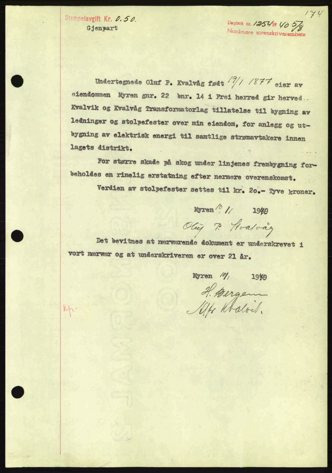 Nordmøre sorenskriveri, AV/SAT-A-4132/1/2/2Ca: Pantebok nr. B87, 1940-1941, Dagboknr: 1254/1940