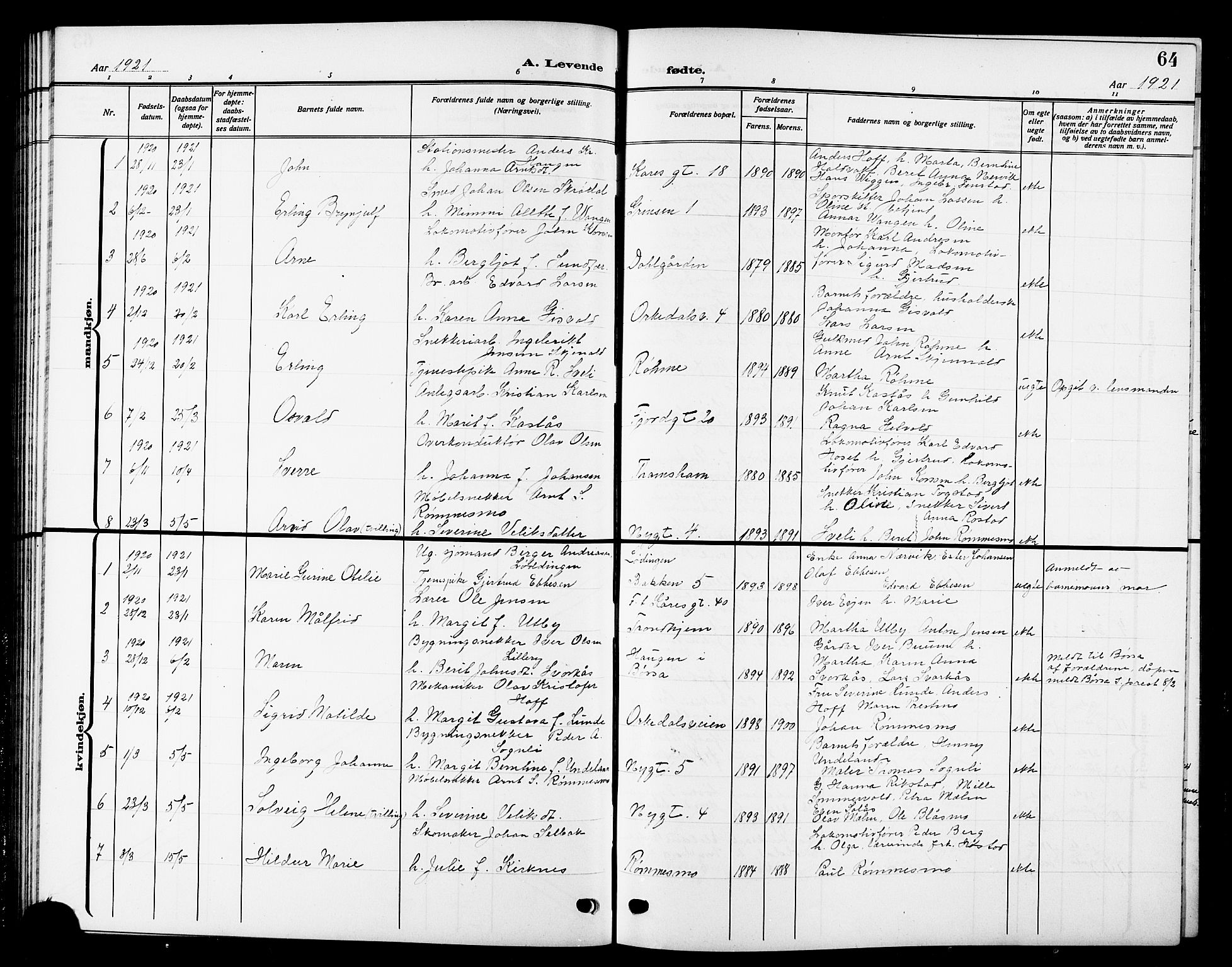 Ministerialprotokoller, klokkerbøker og fødselsregistre - Sør-Trøndelag, SAT/A-1456/669/L0831: Klokkerbok nr. 669C01, 1909-1924, s. 64