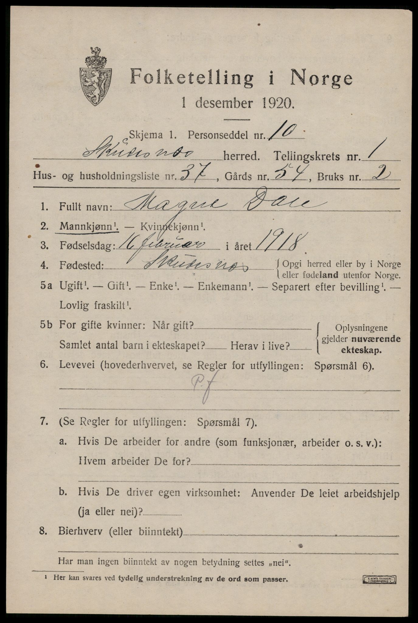 SAST, Folketelling 1920 for 1150 Skudenes herred, 1920, s. 1526