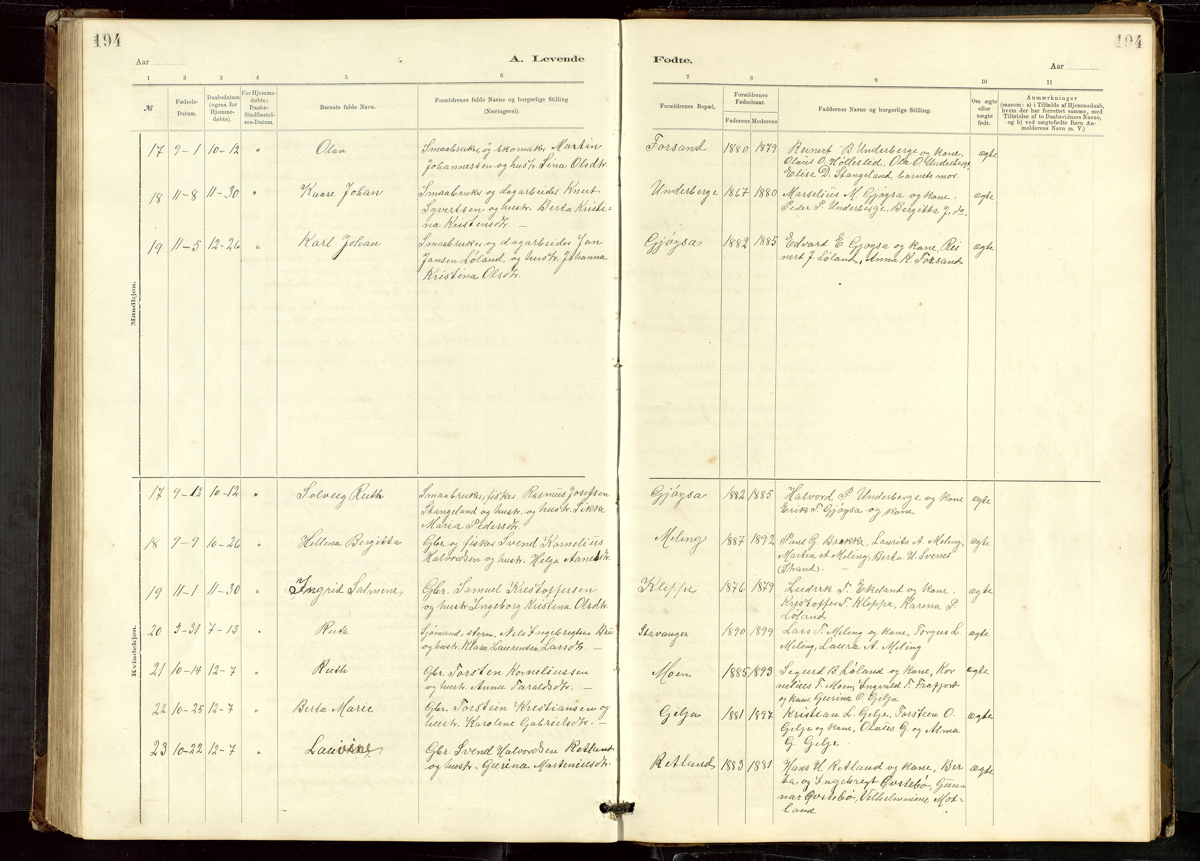 Høgsfjord sokneprestkontor, SAST/A-101624/H/Ha/Hab/L0009: Klokkerbok nr. B 9, 1883-1920, s. 194