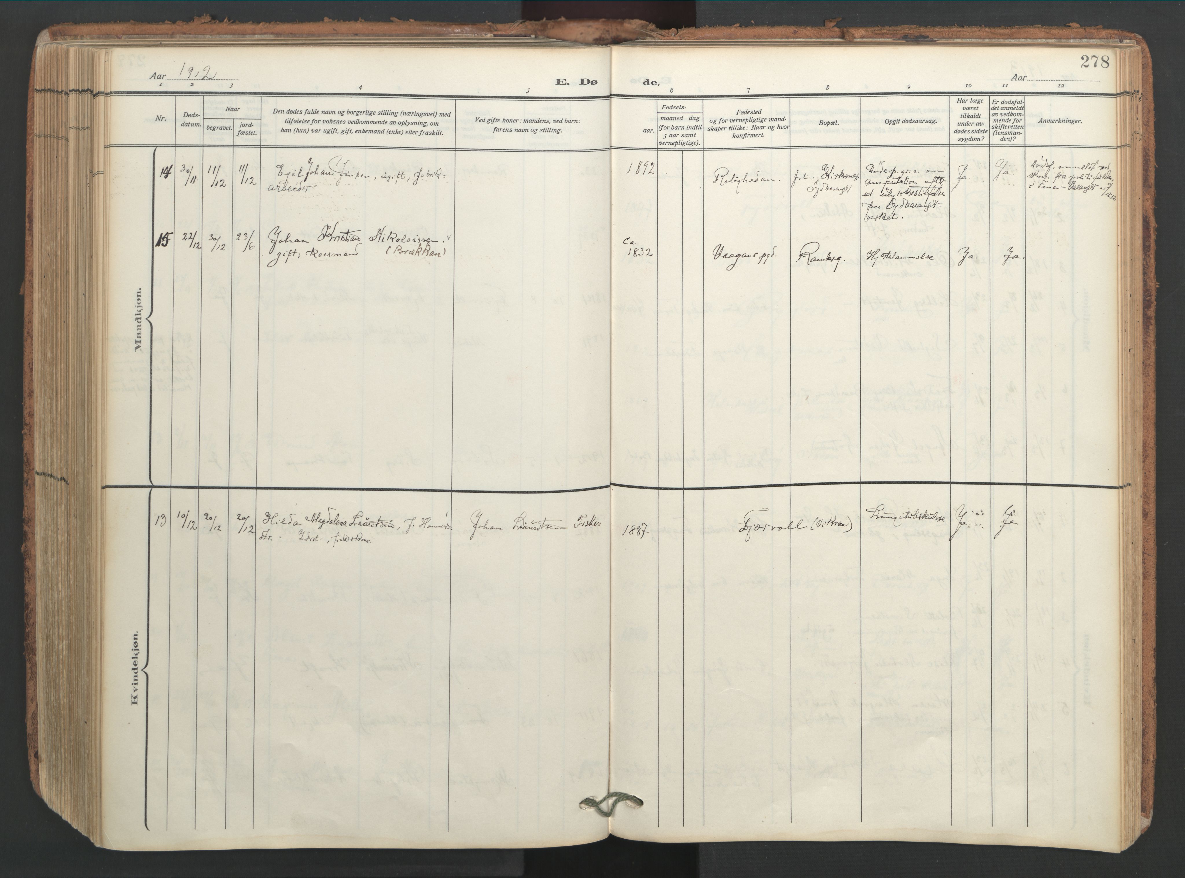 Ministerialprotokoller, klokkerbøker og fødselsregistre - Nordland, AV/SAT-A-1459/891/L1306: Ministerialbok nr. 891A11, 1911-1927, s. 278