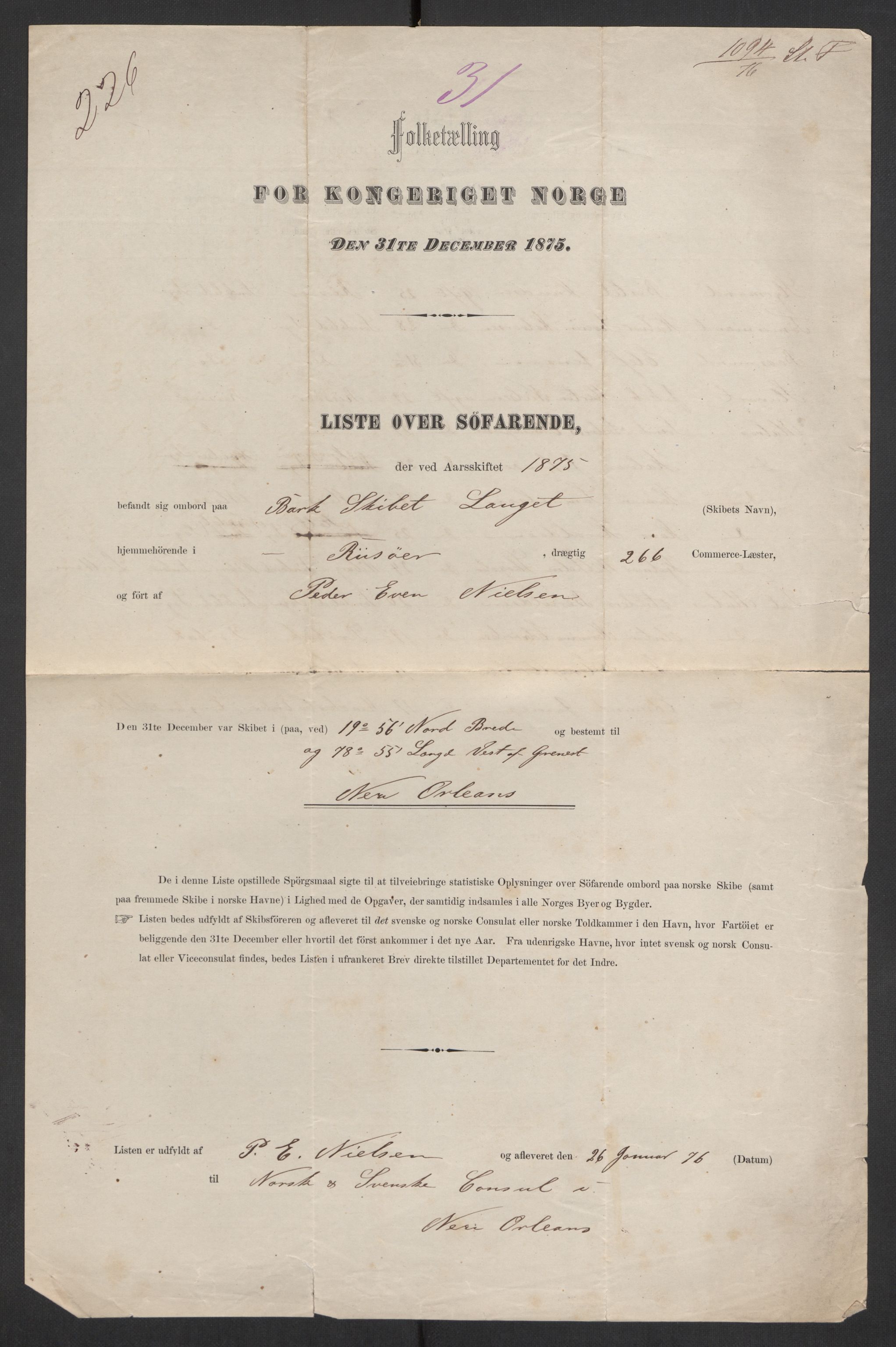 RA, Folketelling 1875, skipslister: Skip i utenrikske havner, hjemmehørende i byer og ladesteder, Fredrikshald - Arendal, 1875, s. 949