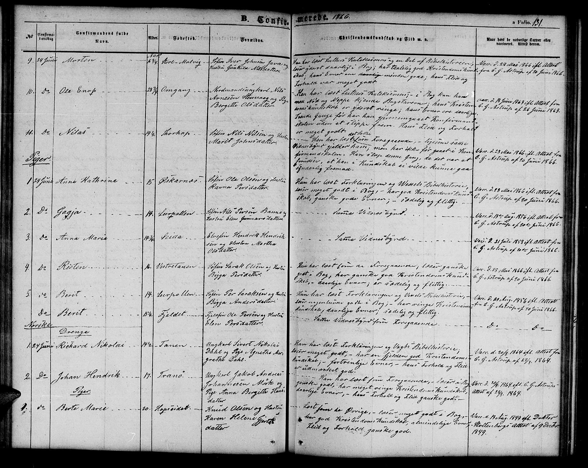 Tana sokneprestkontor, AV/SATØ-S-1334/H/Hb/L0001klokker: Klokkerbok nr. 1 /1, 1853-1867, s. 131