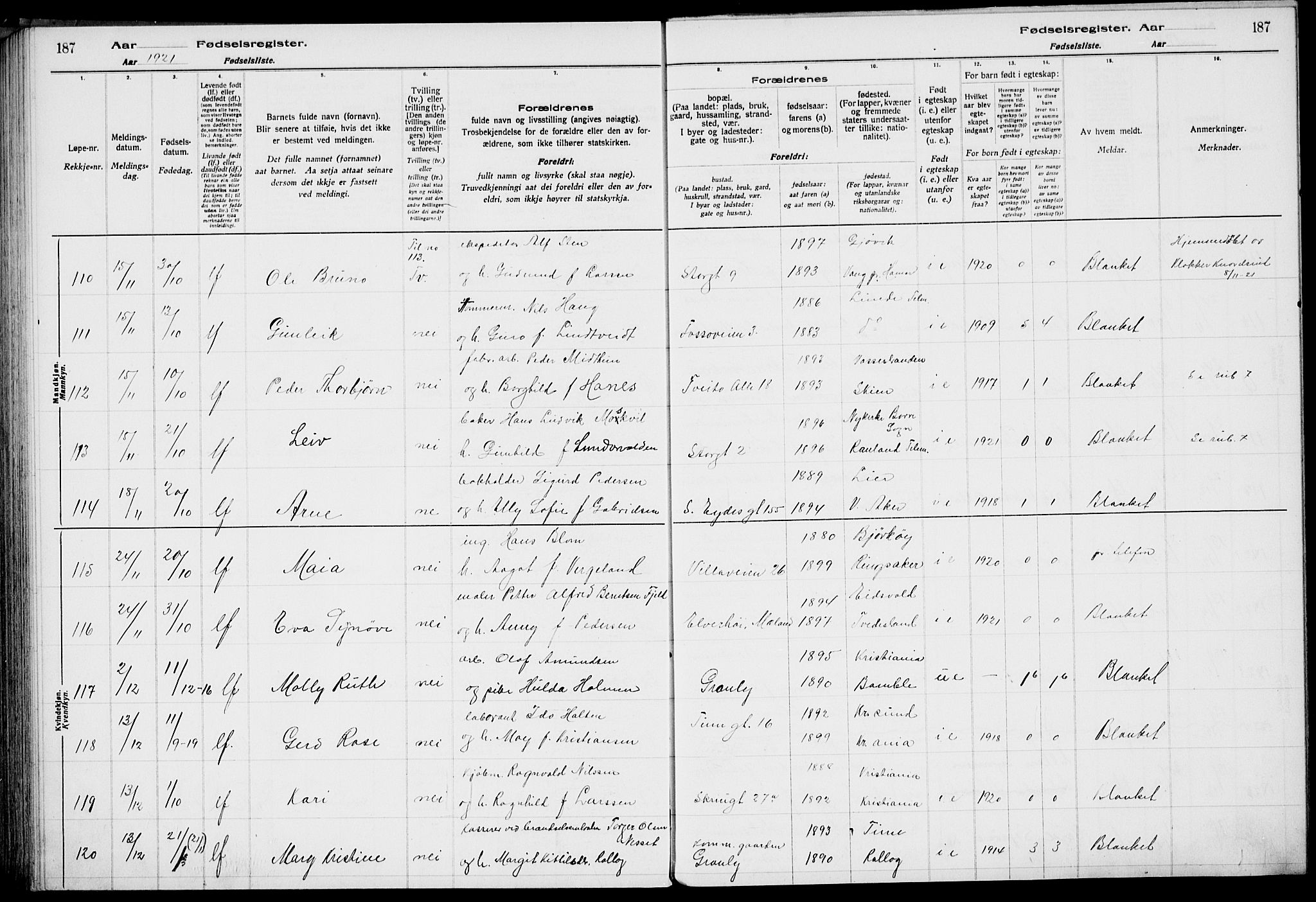 Rjukan kirkebøker, AV/SAKO-A-294/J/Ja/L0001: Fødselsregister nr. 1, 1916-1922, s. 187