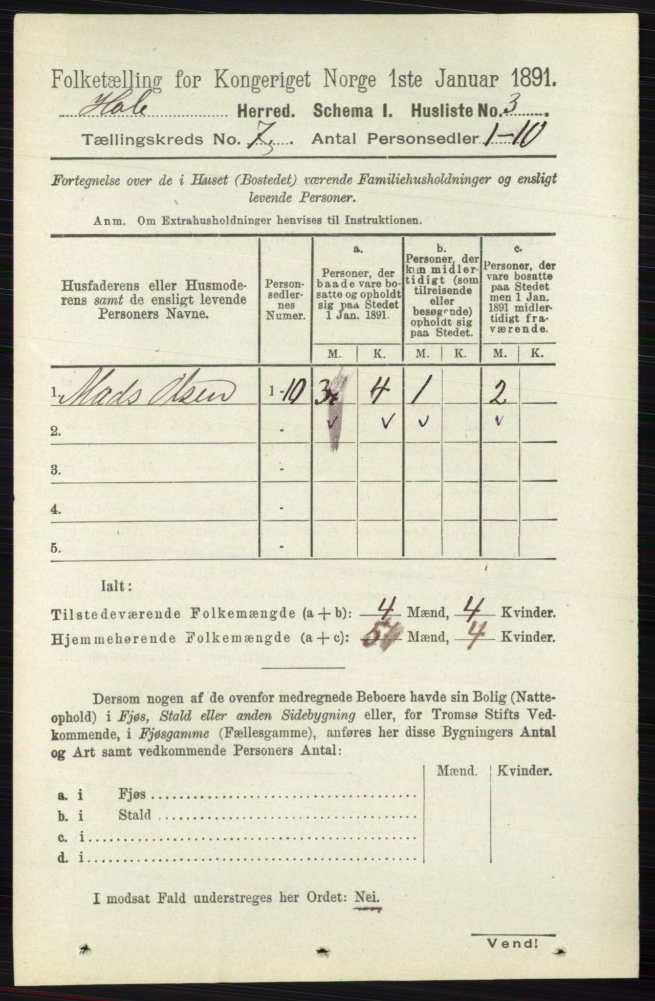 RA, Folketelling 1891 for 0612 Hole herred, 1891, s. 3884