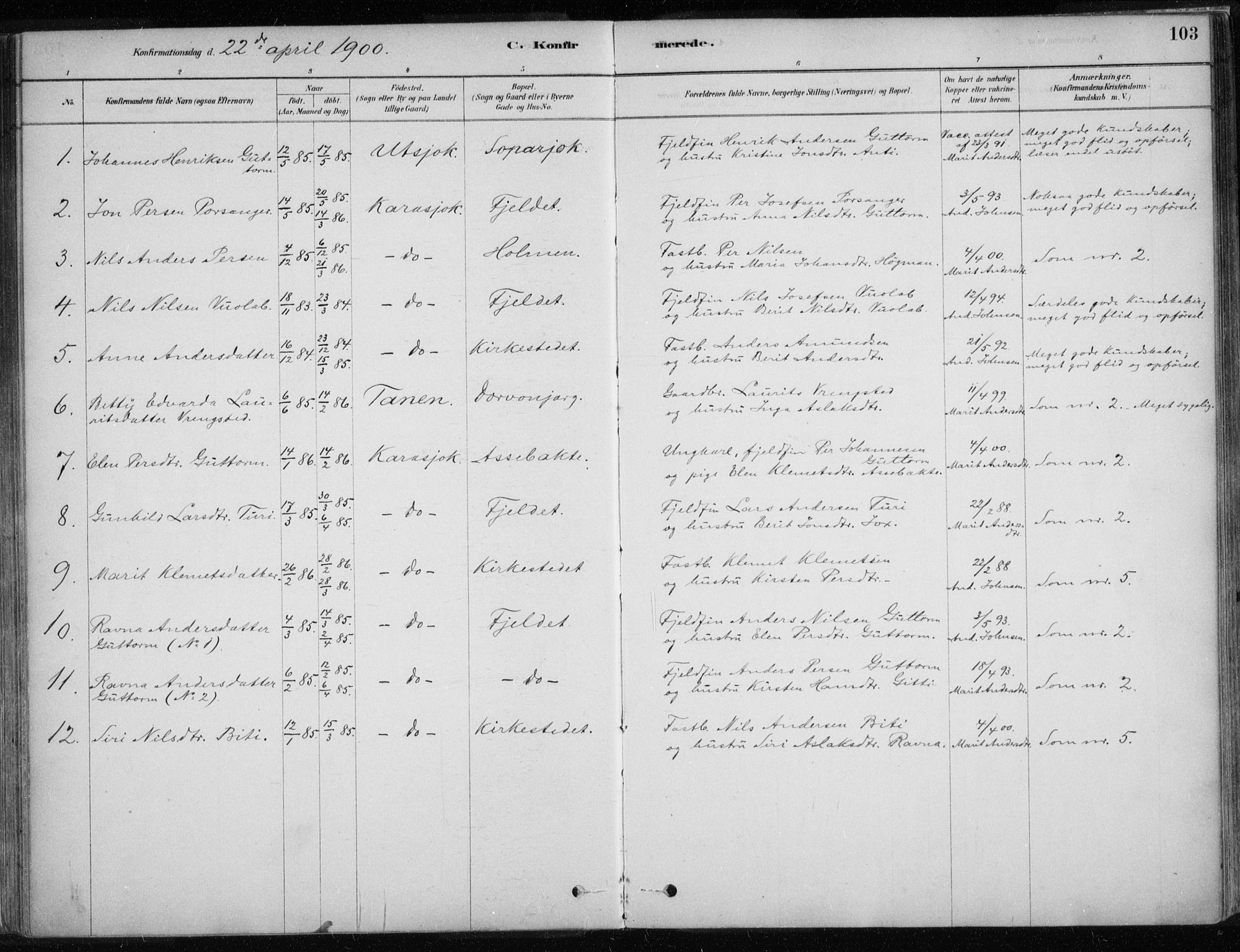 Karasjok sokneprestkontor, AV/SATØ-S-1352/H/Ha/L0002kirke: Ministerialbok nr. 2, 1885-1906, s. 103