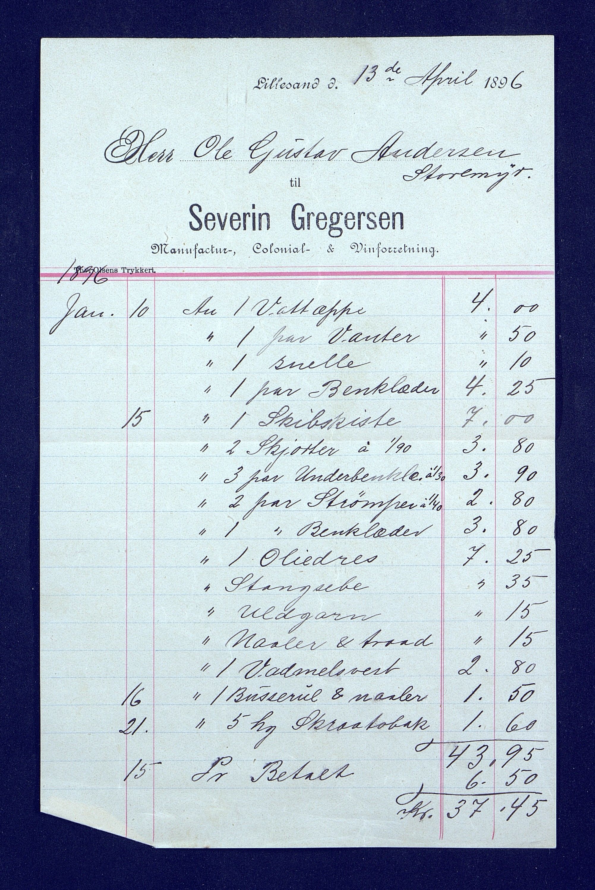O. Terjesens rederi, AAKS/PA-2525/R/R02/L0001: Regnskapsbilag, 1884-1898