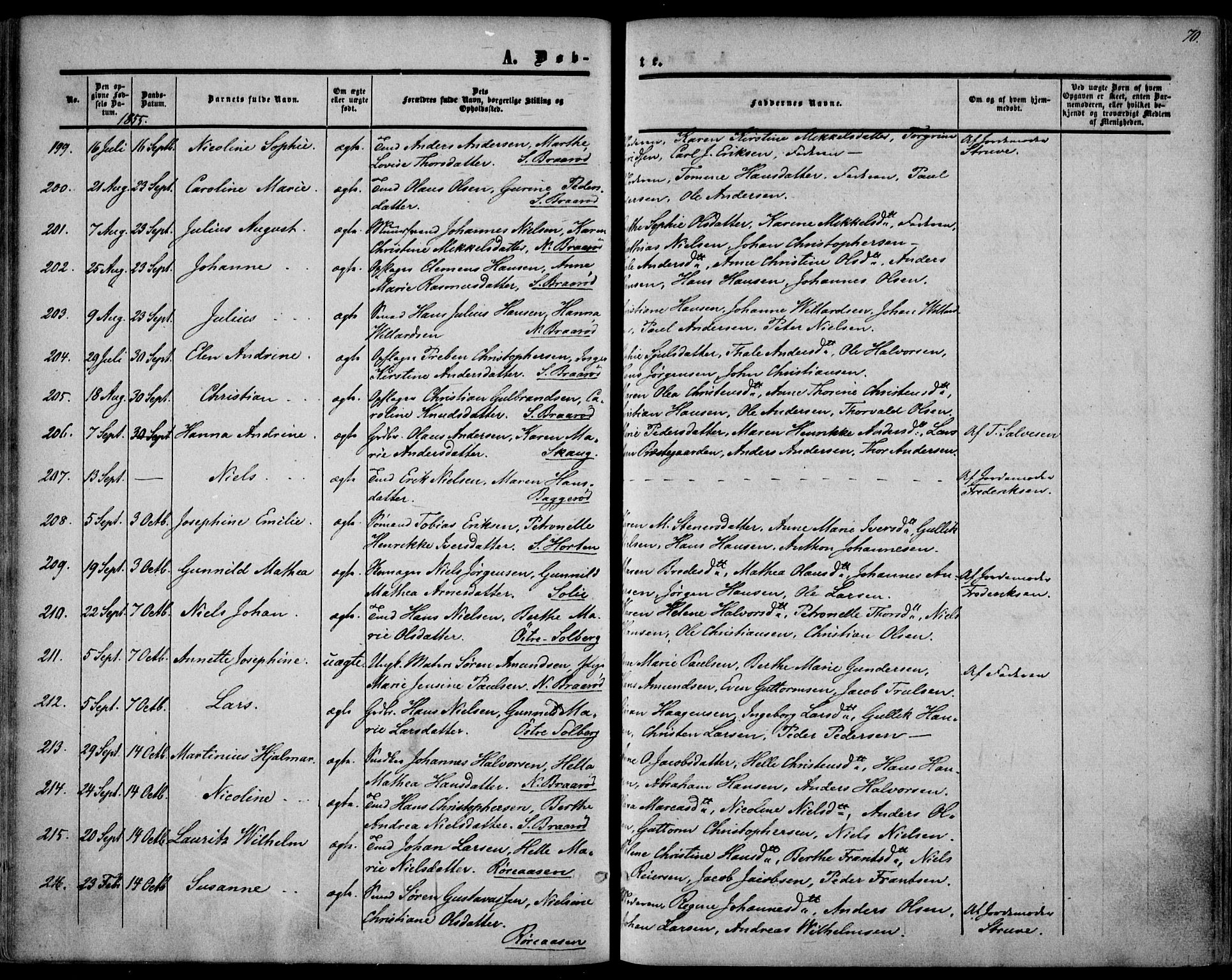 Borre kirkebøker, AV/SAKO-A-338/F/Fa/L0006: Ministerialbok nr. I 6, 1852-1862, s. 70