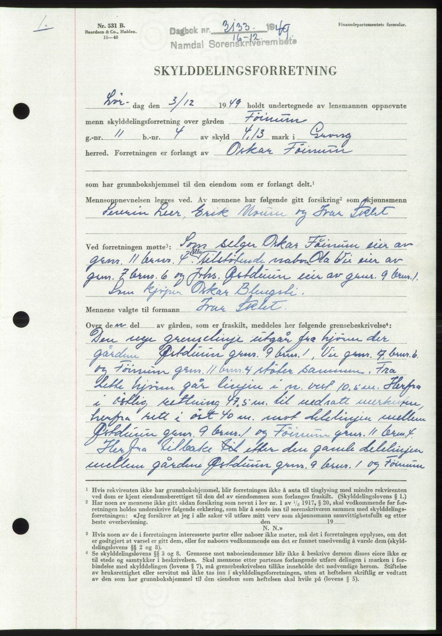 Namdal sorenskriveri, SAT/A-4133/1/2/2C: Pantebok nr. -, 1949-1949, Dagboknr: 3133/1949