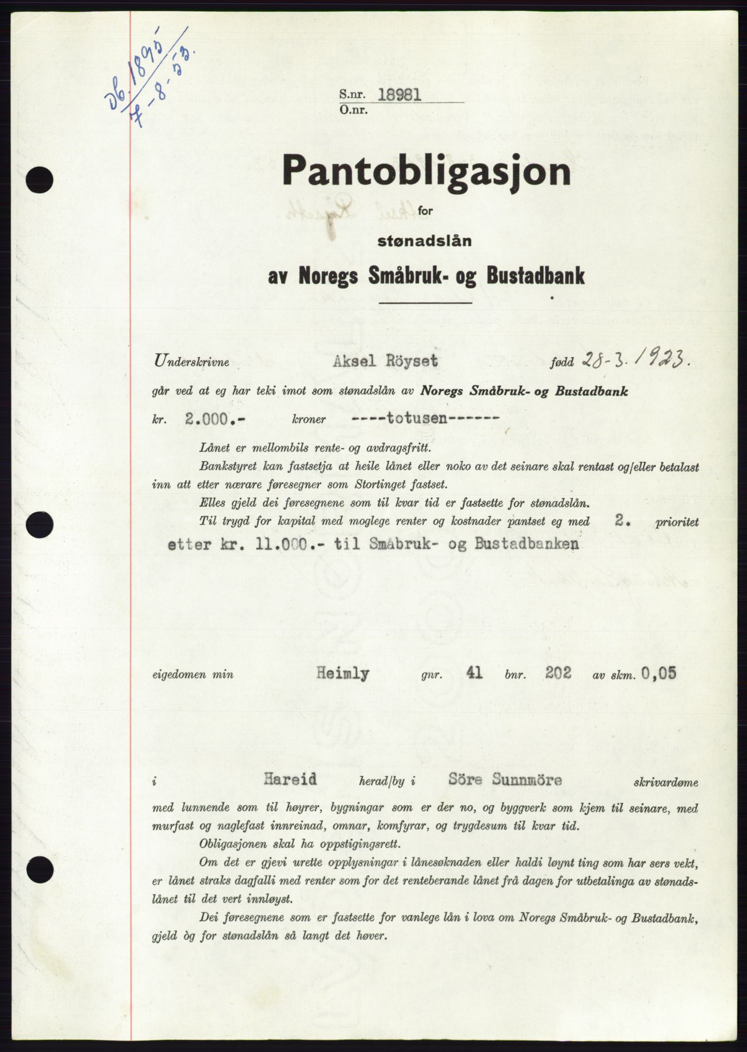 Søre Sunnmøre sorenskriveri, SAT/A-4122/1/2/2C/L0123: Pantebok nr. 11B, 1953-1953, Dagboknr: 1895/1953