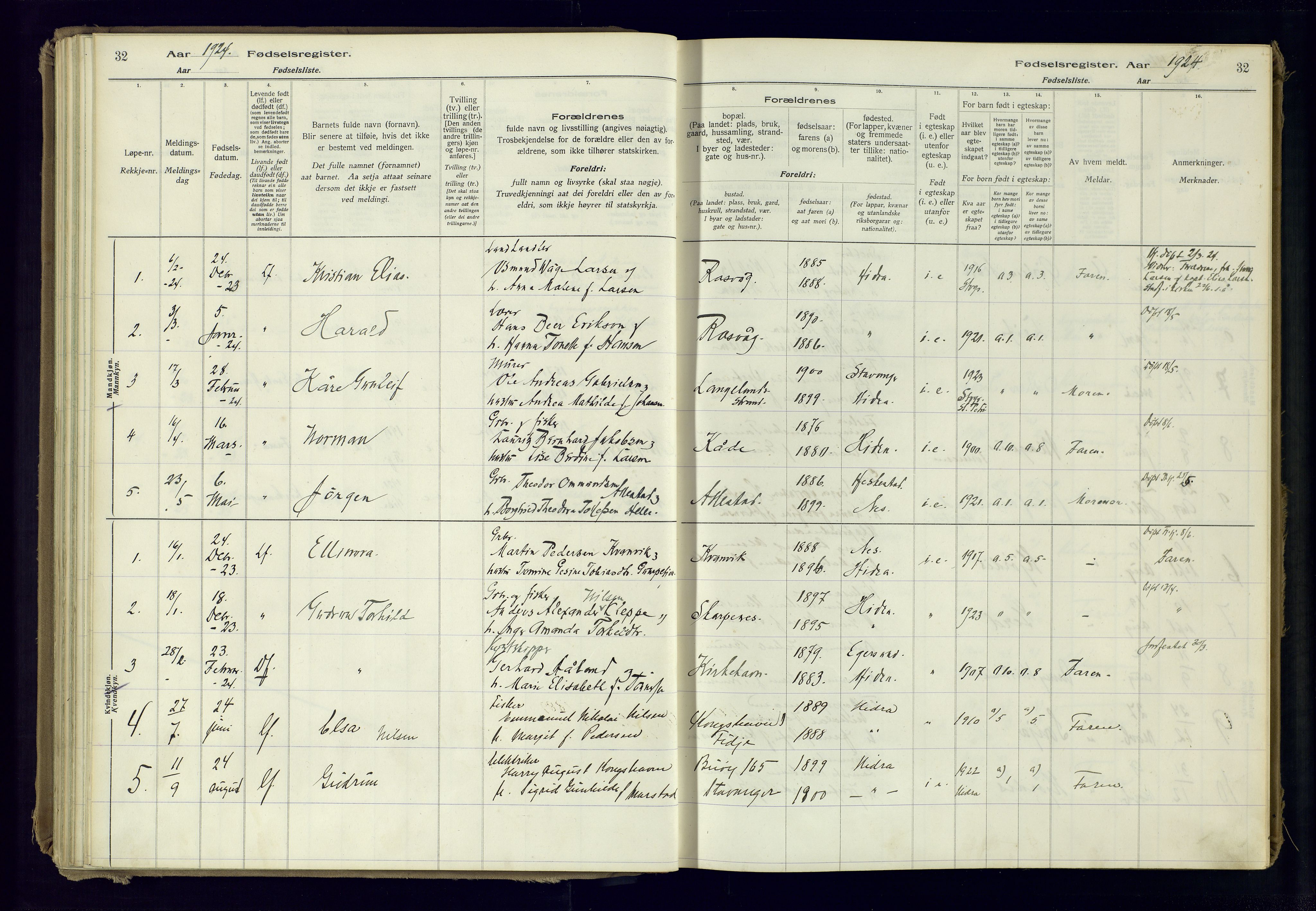 Flekkefjord sokneprestkontor, AV/SAK-1111-0012/J/Ja/L0007: Fødselsregister nr. 7, 1916-1982, s. 32