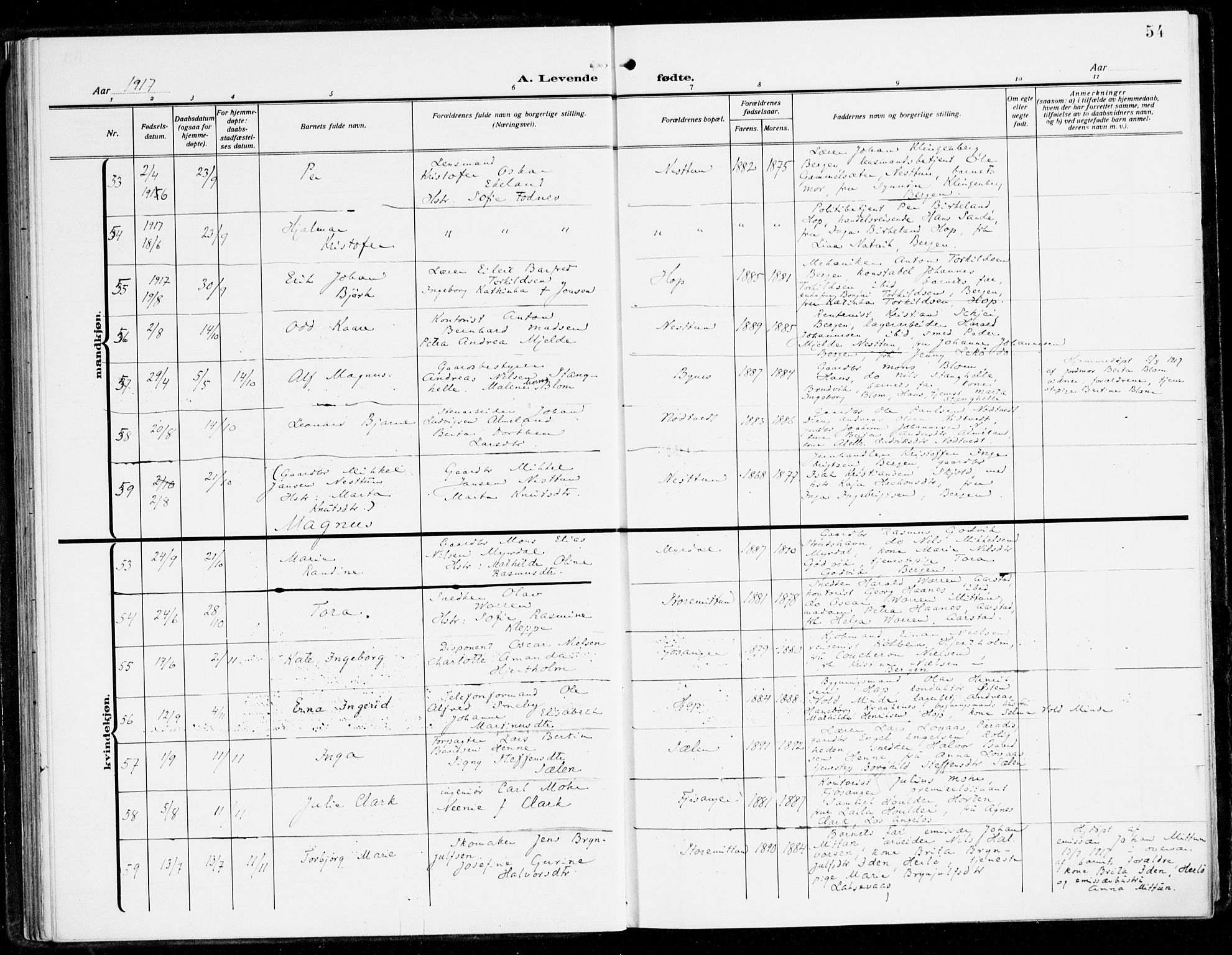 Fana Sokneprestembete, AV/SAB-A-75101/H/Haa/Haai/L0004: Ministerialbok nr. I 4, 1912-1933, s. 54