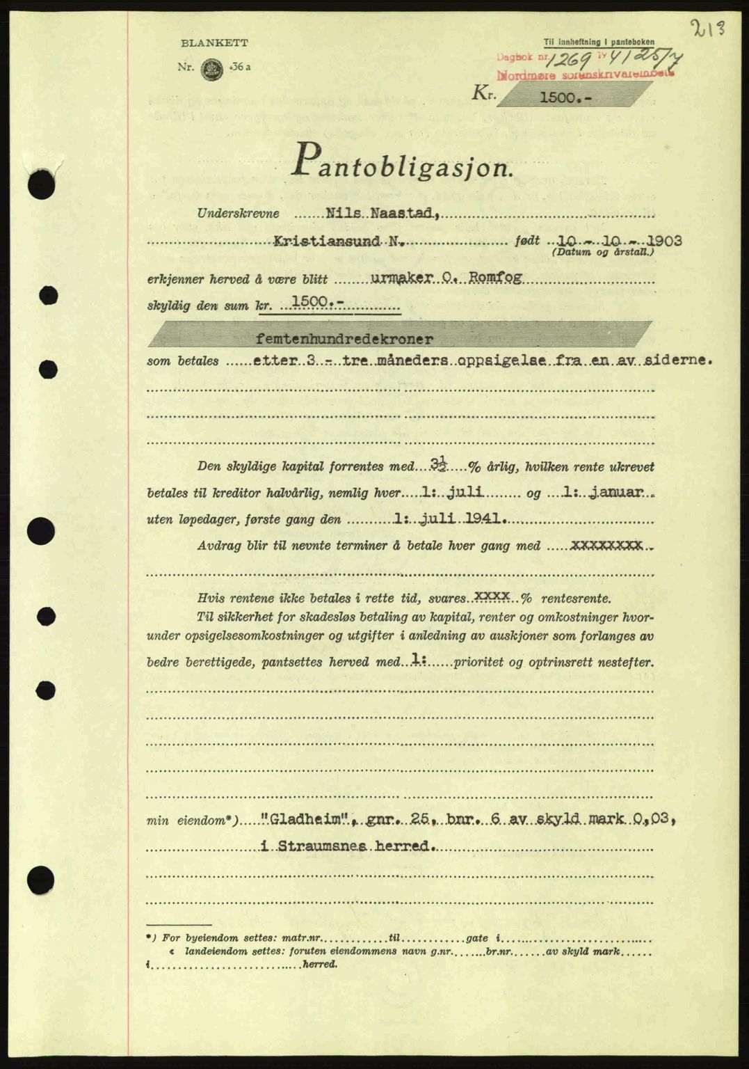 Nordmøre sorenskriveri, SAT/A-4132/1/2/2Ca: Pantebok nr. B88, 1941-1942, Dagboknr: 1269/1941