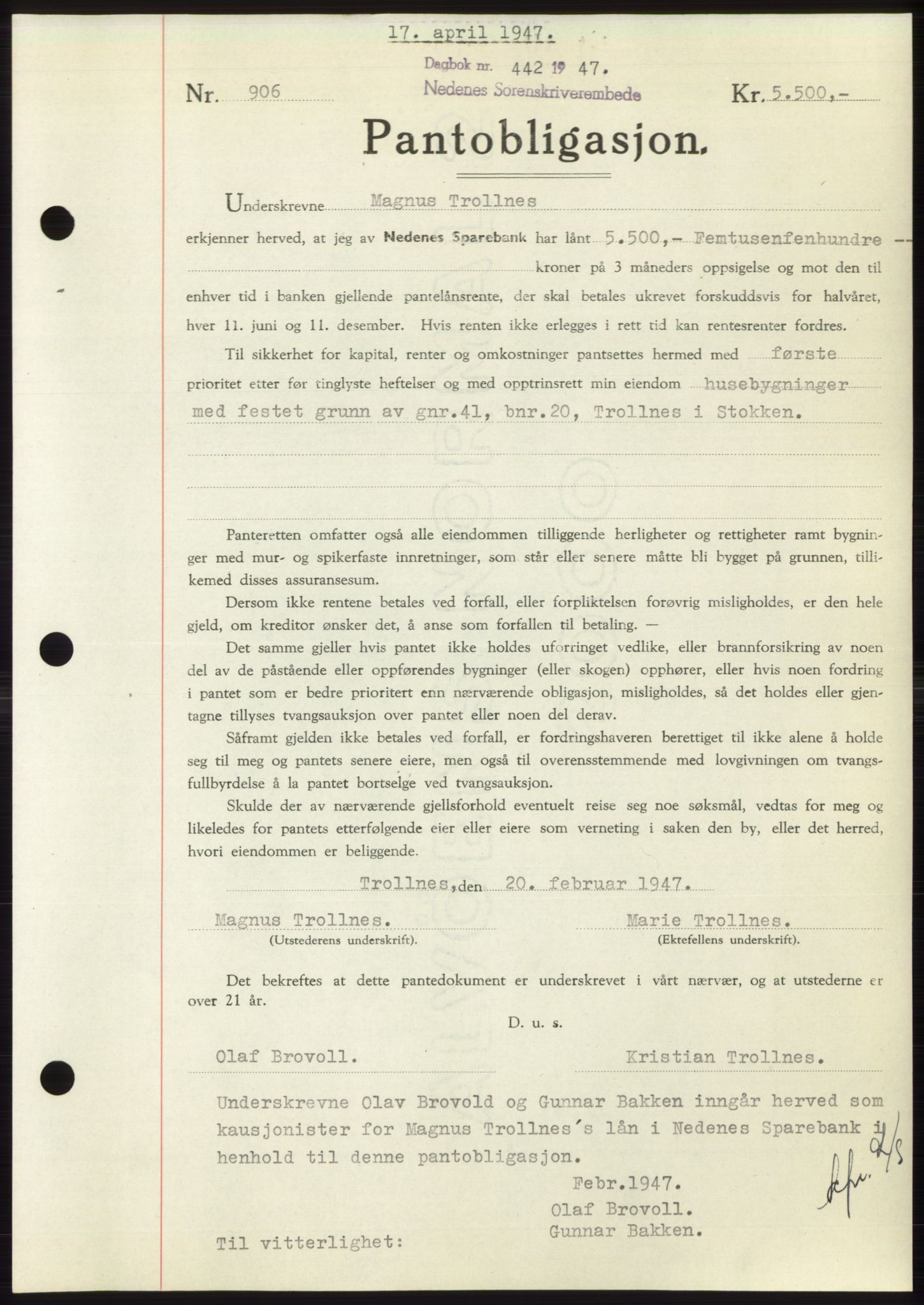 Nedenes sorenskriveri, SAK/1221-0006/G/Gb/Gbb/L0004: Pantebok nr. B4, 1947-1947, Dagboknr: 442/1947