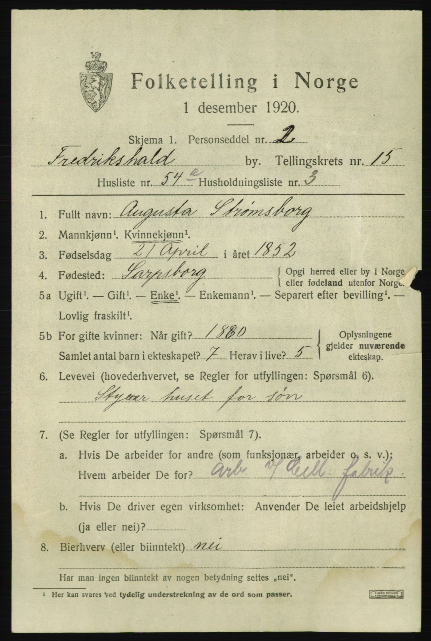 SAO, Folketelling 1920 for 0101 Fredrikshald kjøpstad, 1920, s. 24432