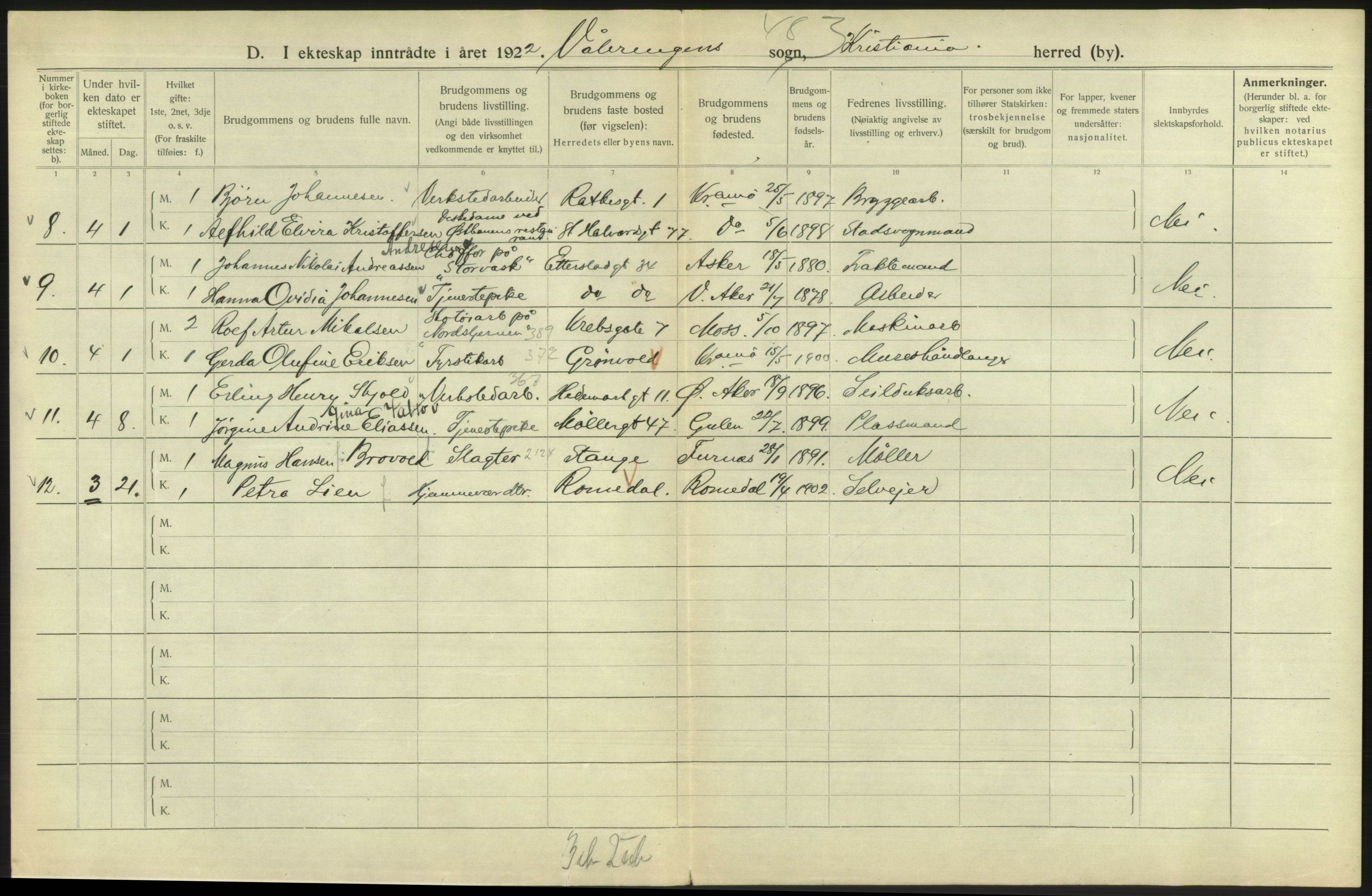 Statistisk sentralbyrå, Sosiodemografiske emner, Befolkning, RA/S-2228/D/Df/Dfc/Dfcb/L0008: Kristiania: Gifte, 1922, s. 230