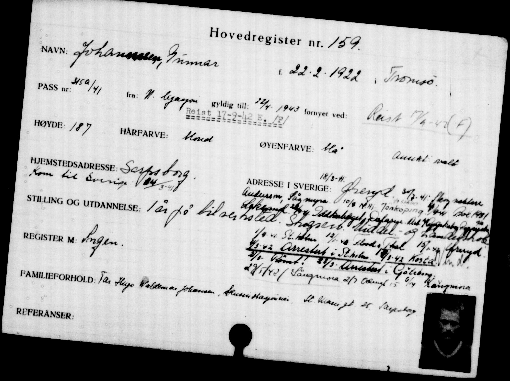 Utenriksstasjonene, Legasjonen i Stockholm, Flyktningkontoret, AV/RA-S-6753/V/Va/L0001: Kjesäterkartoteket, flyktninger med registreringsnr. 1-1000, 1940-1945, s. 257