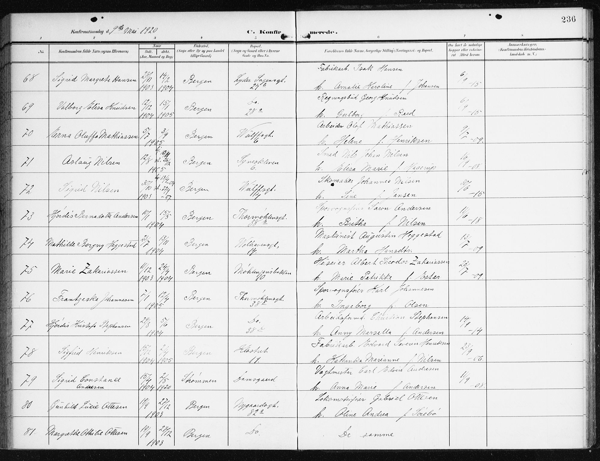 Johanneskirken sokneprestembete, AV/SAB-A-76001/H/Haa/L0009: Ministerialbok nr. C 2, 1907-1924, s. 236