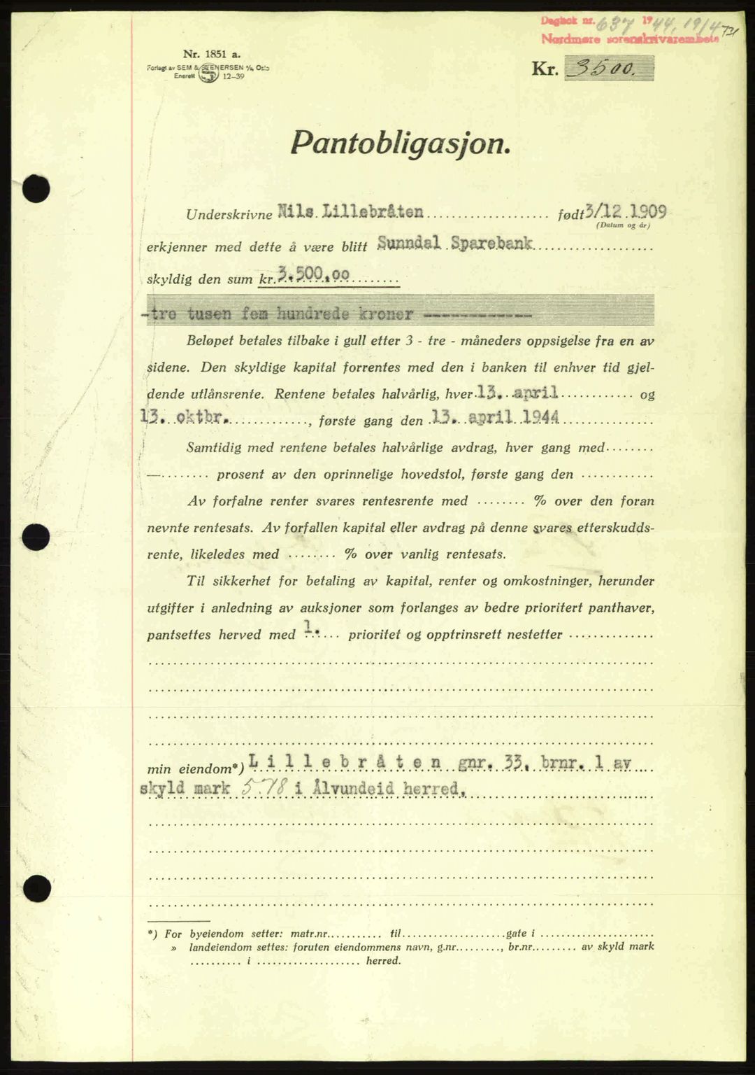 Nordmøre sorenskriveri, AV/SAT-A-4132/1/2/2Ca: Pantebok nr. B91, 1943-1944, Dagboknr: 637/1944