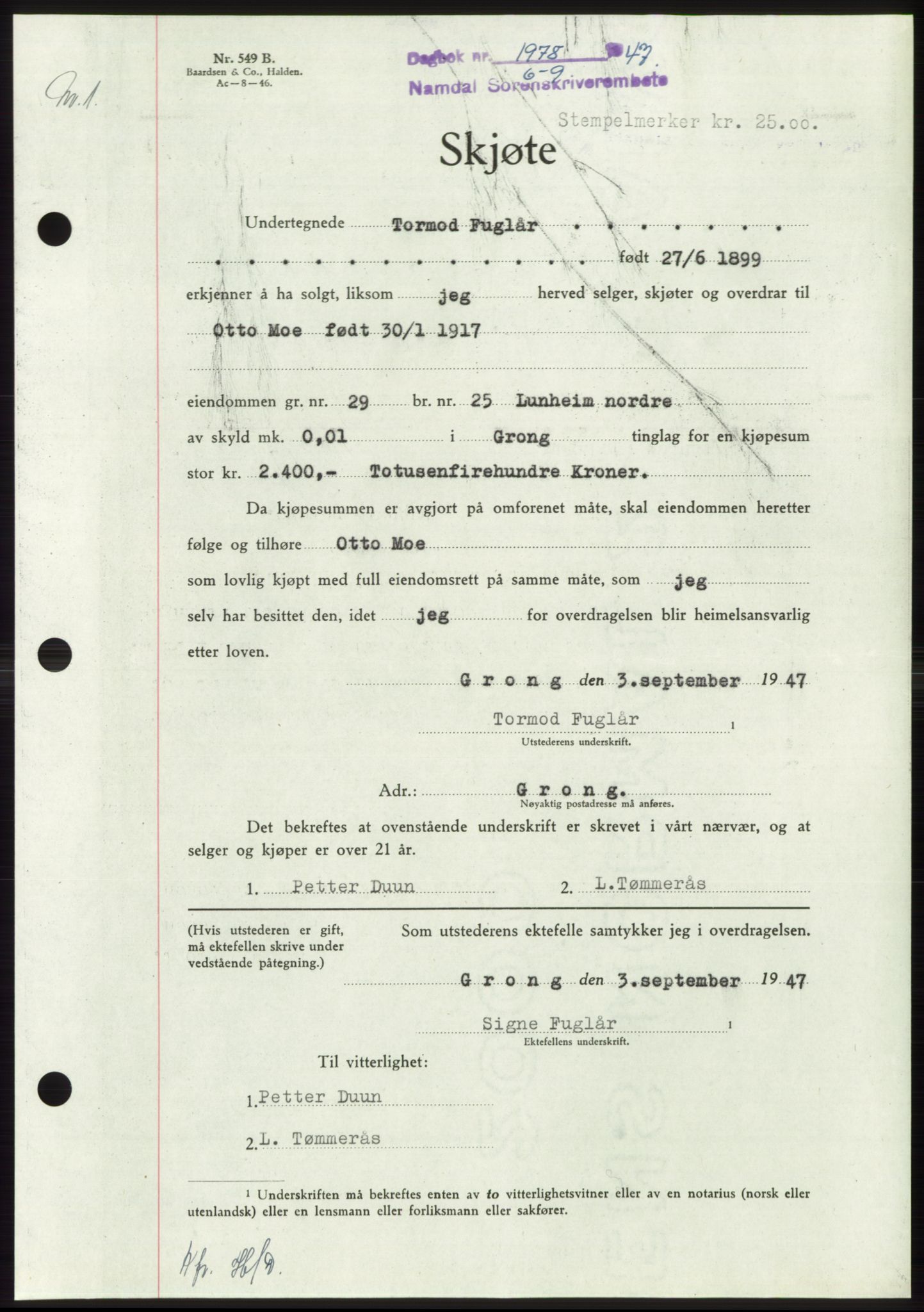Namdal sorenskriveri, SAT/A-4133/1/2/2C: Pantebok nr. -, 1947-1947, Dagboknr: 1978/1947