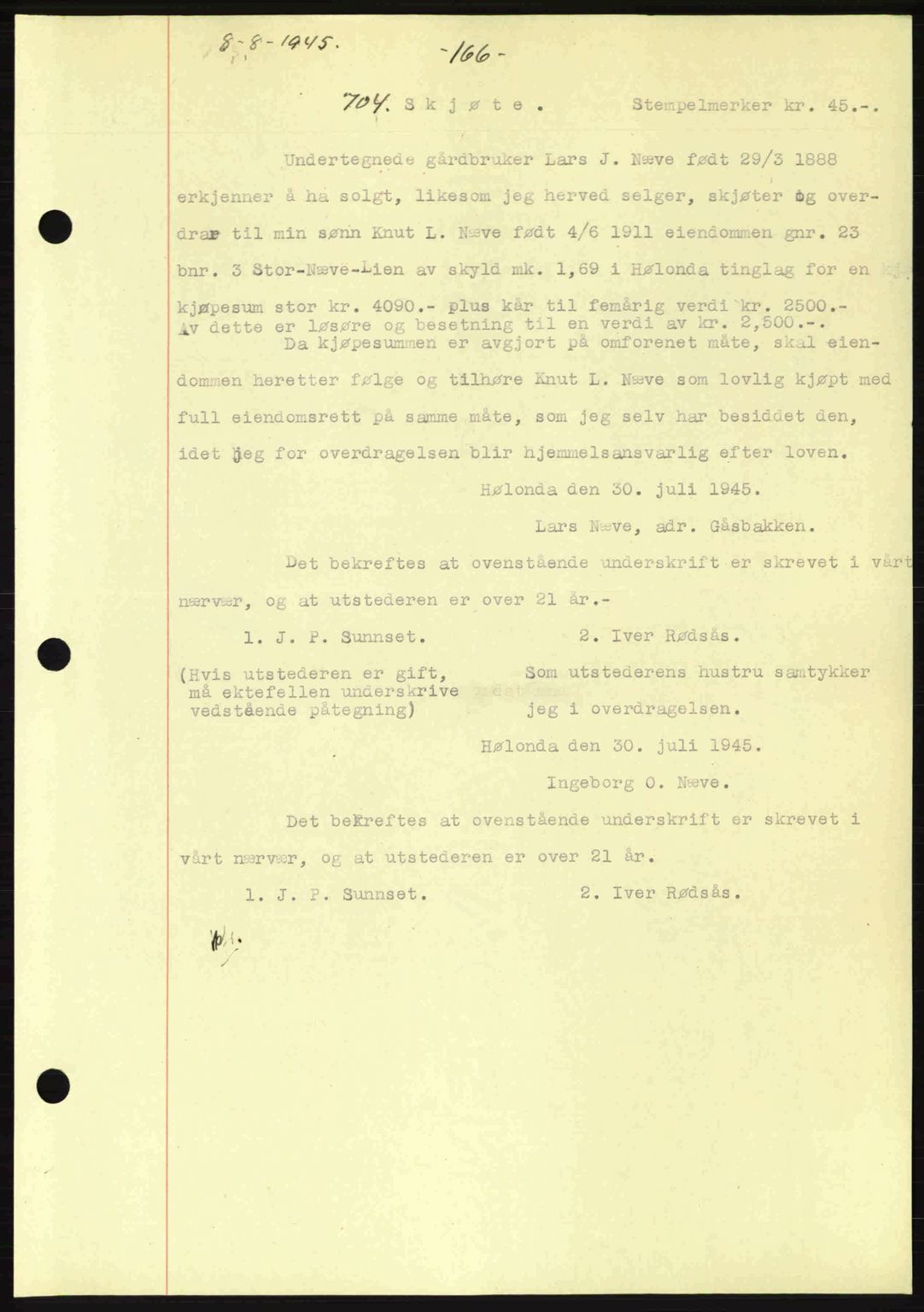 Gauldal sorenskriveri, SAT/A-0014/1/2/2C: Pantebok nr. A1a, 1945-1945, Dagboknr: 704/1945