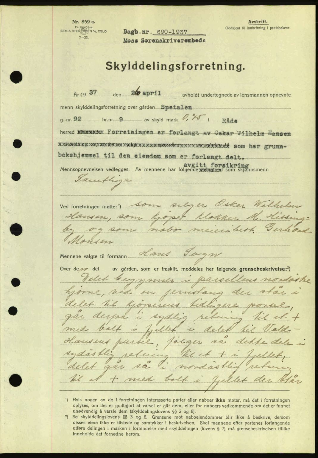 Moss sorenskriveri, SAO/A-10168: Pantebok nr. A2, 1936-1937, Dagboknr: 690/1937
