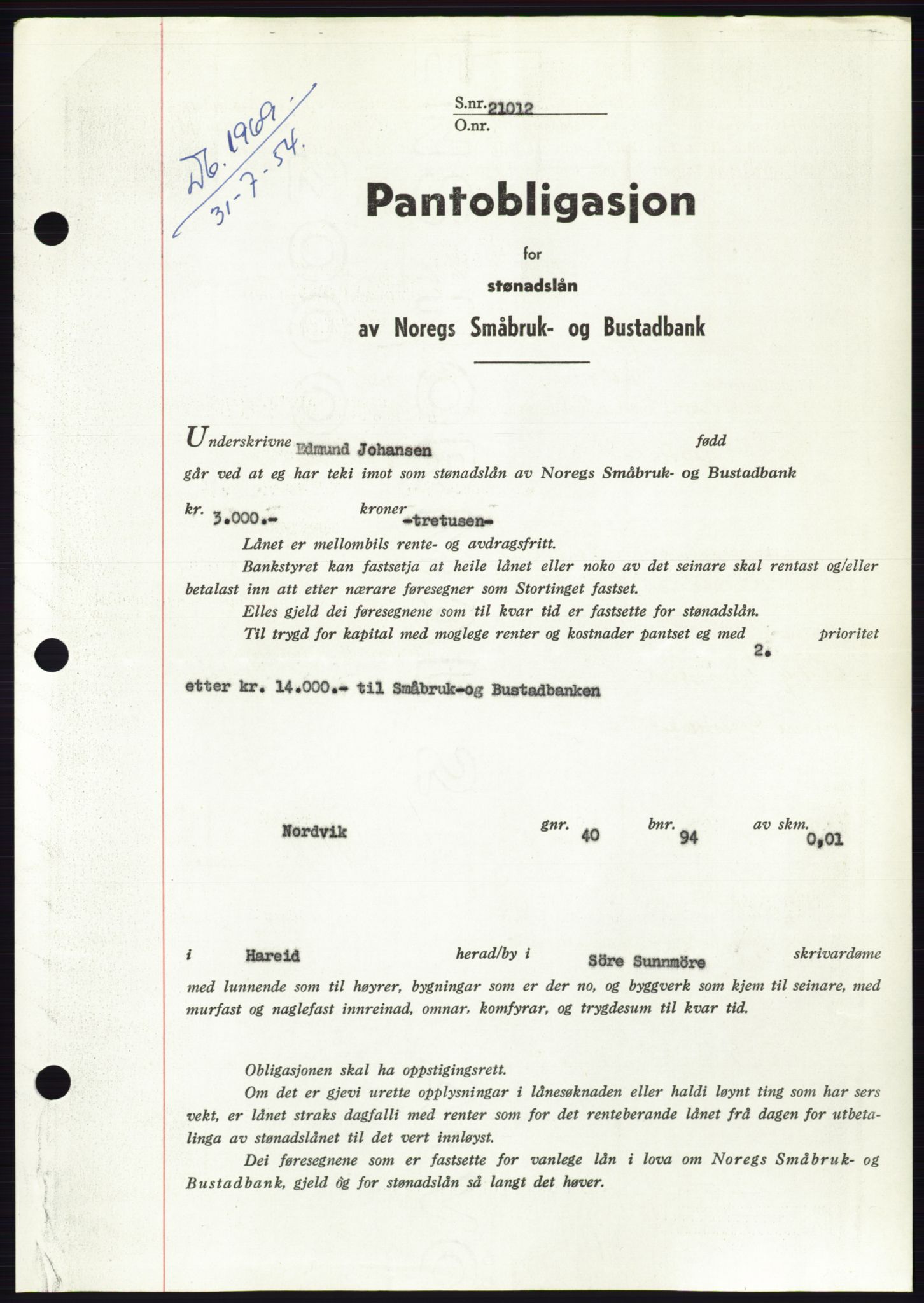 Søre Sunnmøre sorenskriveri, SAT/A-4122/1/2/2C/L0125: Pantebok nr. 13B, 1954-1954, Dagboknr: 1969/1954