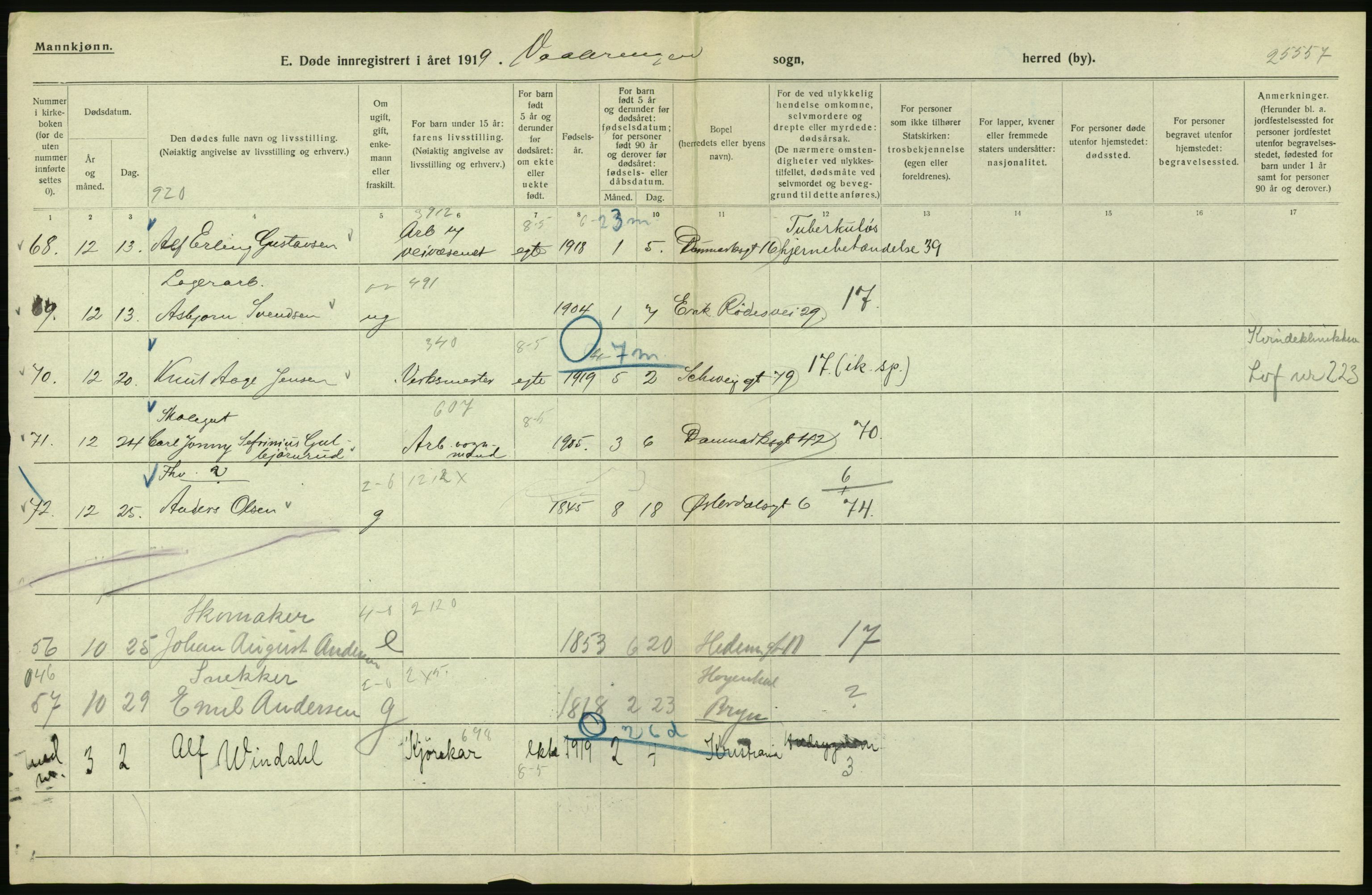 Statistisk sentralbyrå, Sosiodemografiske emner, Befolkning, AV/RA-S-2228/D/Df/Dfb/Dfbi/L0010: Kristiania: Døde, 1919, s. 466