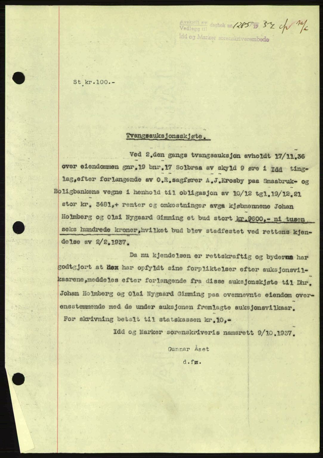 Idd og Marker sorenskriveri, AV/SAO-A-10283/G/Gb/Gbb/L0002: Pantebok nr. A2, 1937-1938, Dagboknr: 1285/1937